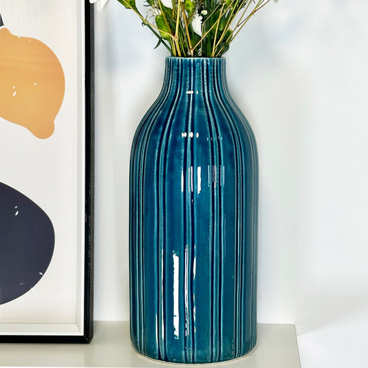 Blue Lined Ceramic Bottle Vase