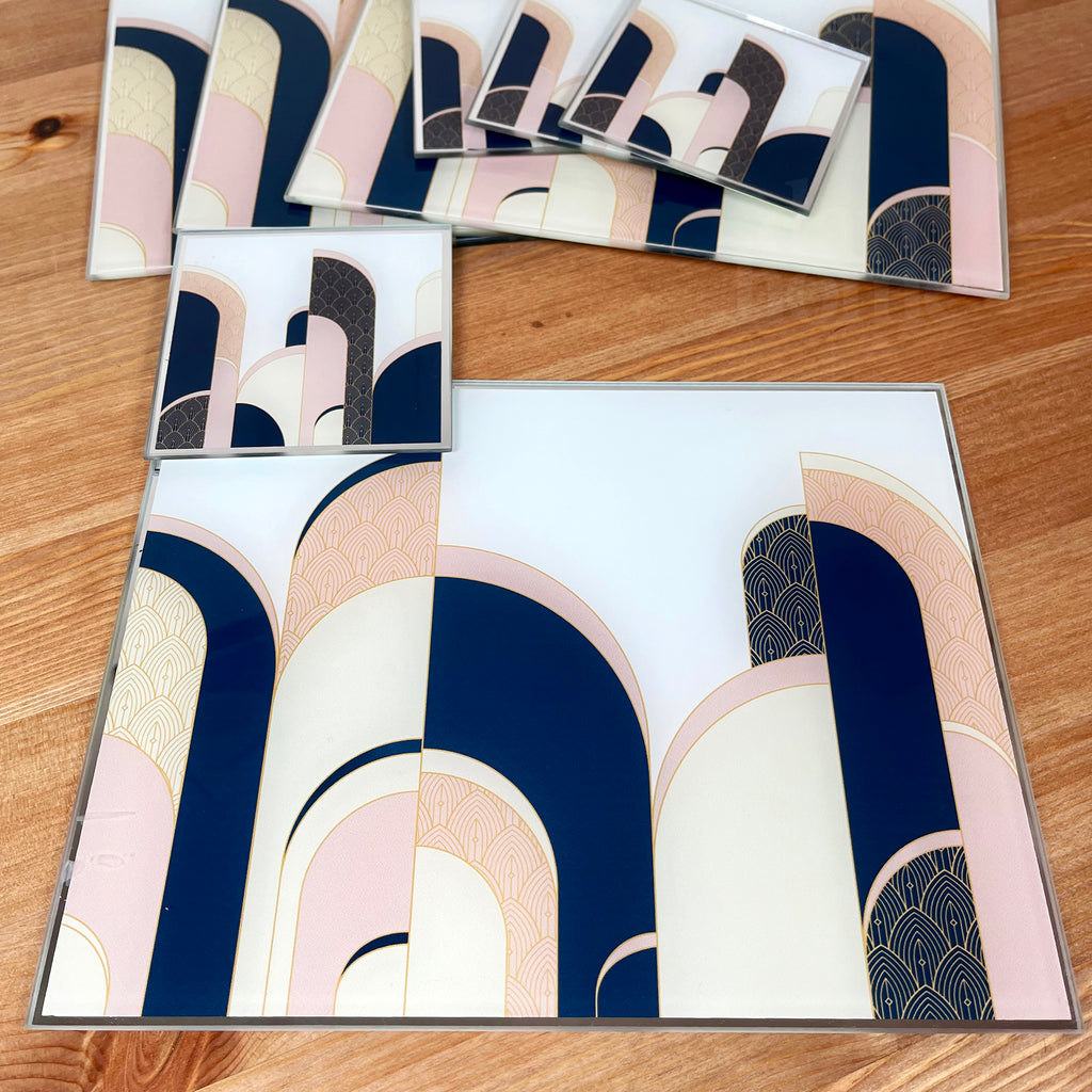 Art-Déco-Tischset und Untersetzer aus Glas im 8er-Set