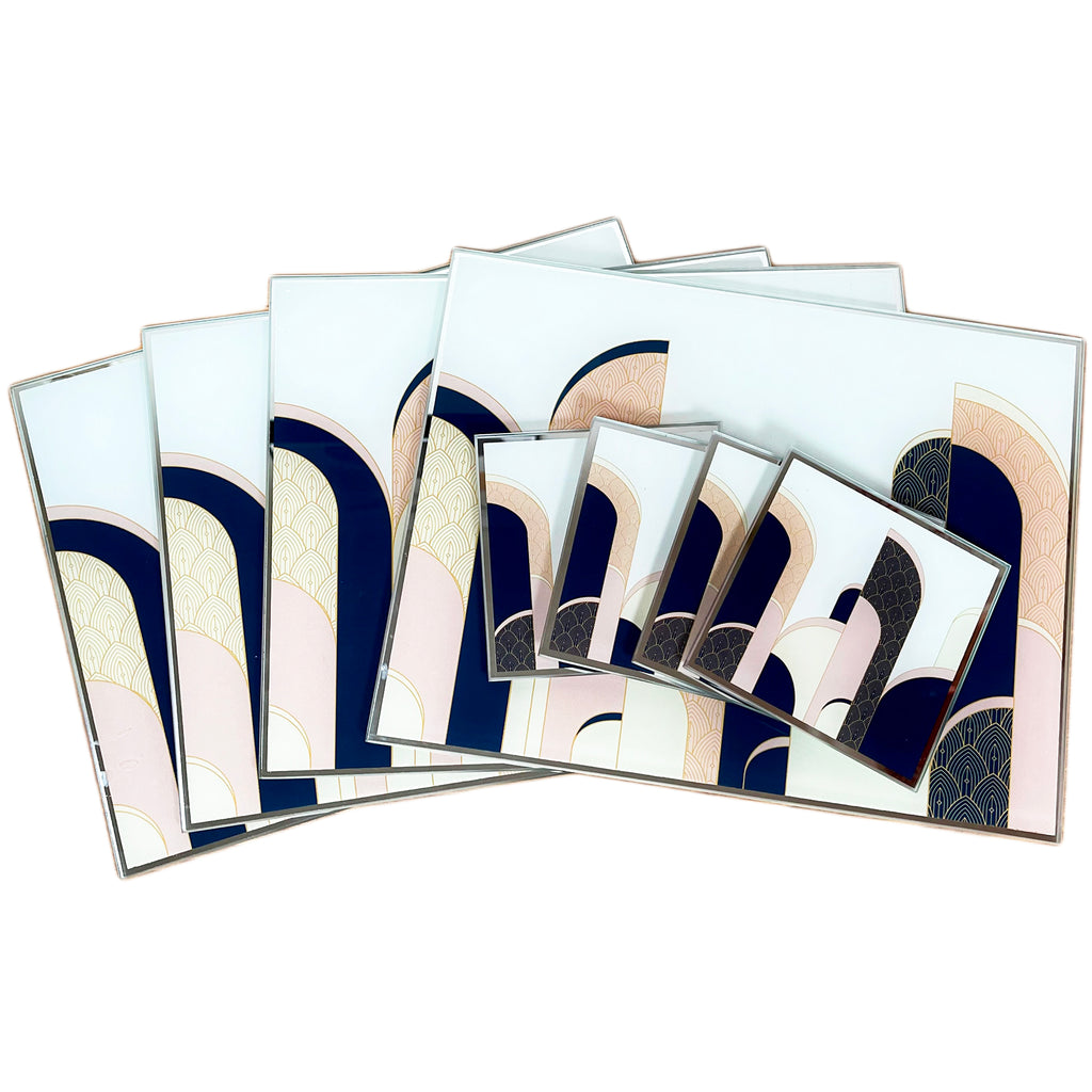 Art-Déco-Tischset und Untersetzer aus Glas im 8er-Set
