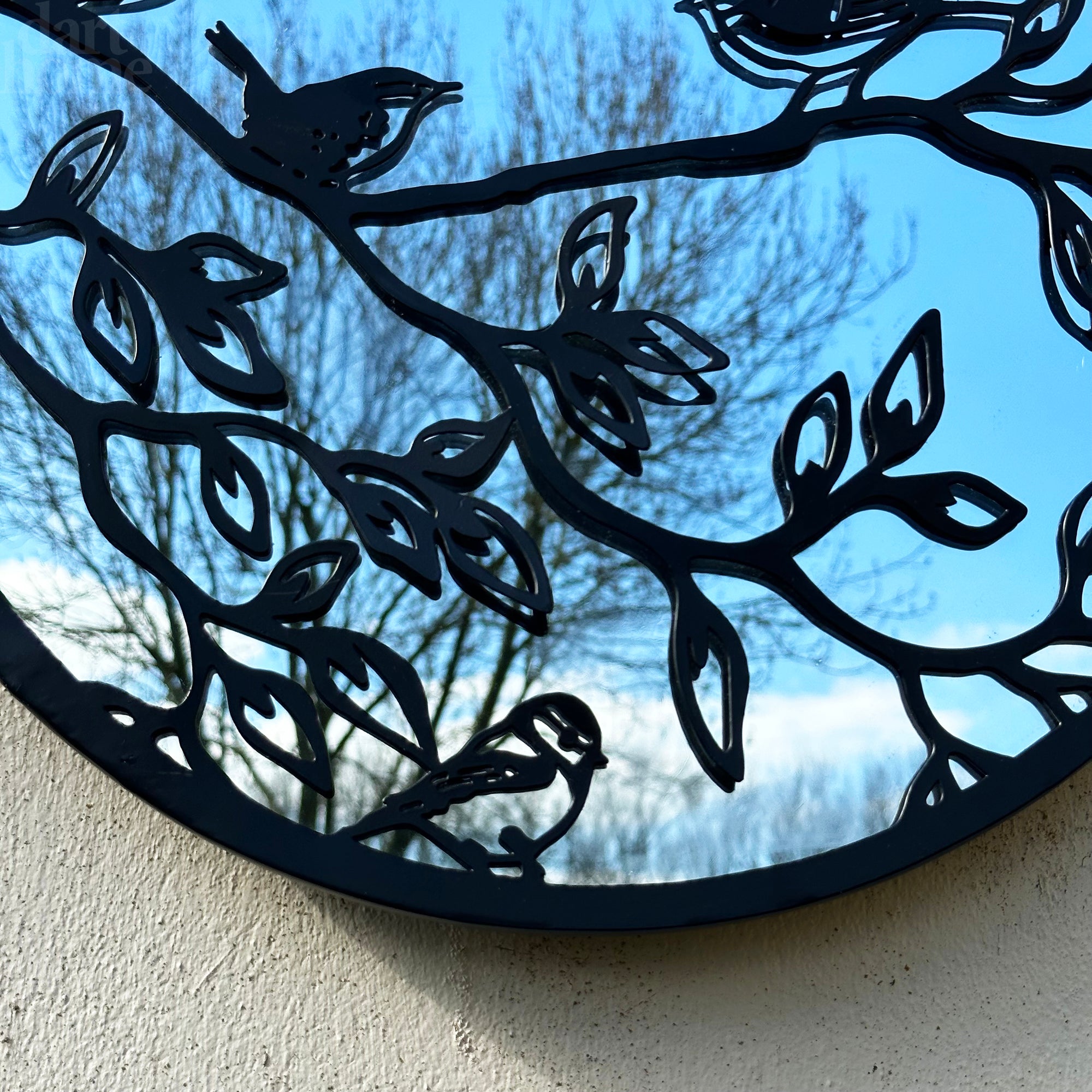 Schwarze Vögel auf Ast, verspiegelte Wandkunst, 45 cm