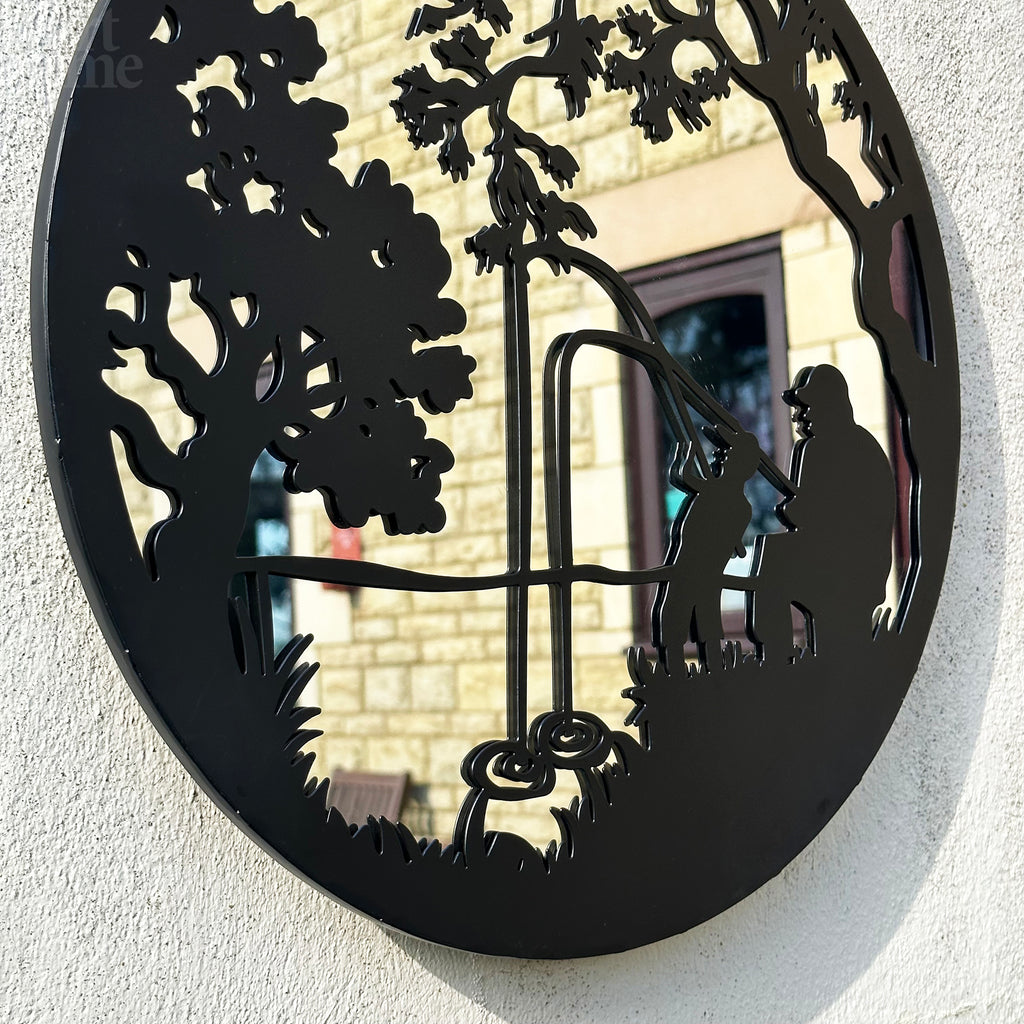 Black Fishing Boy Mirrored Wall Art 45cm