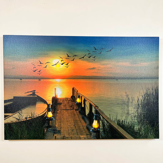 Rechteckiges LED-Leinwandbild „Sunset Boardwalk Sea“ 60 cm