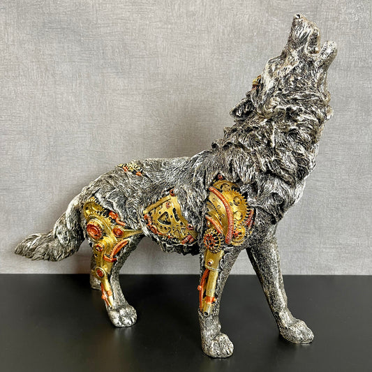 Silver Steampunk Howling Wolf Ornament