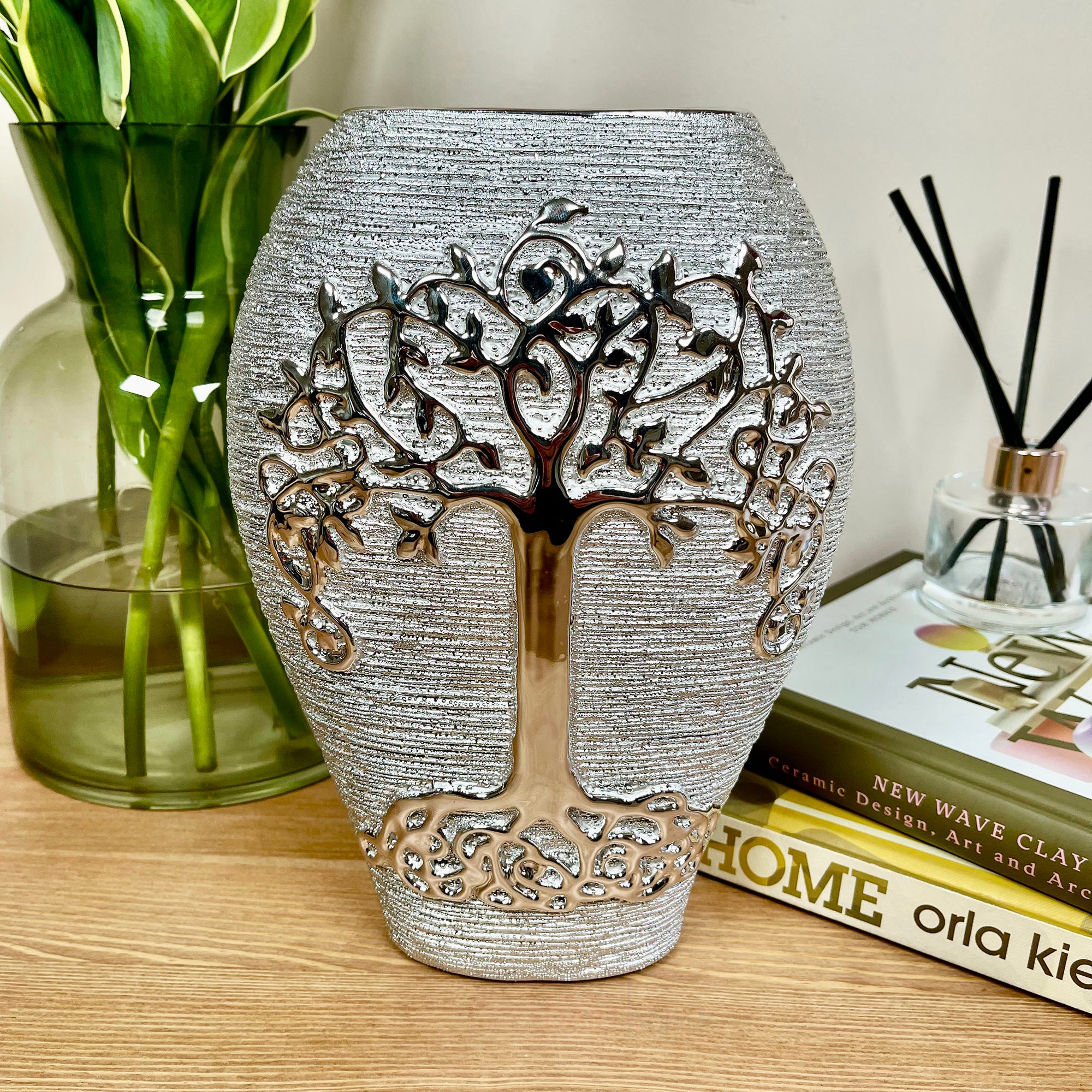 Champagne Silver Tree Of Life Vase 25cm