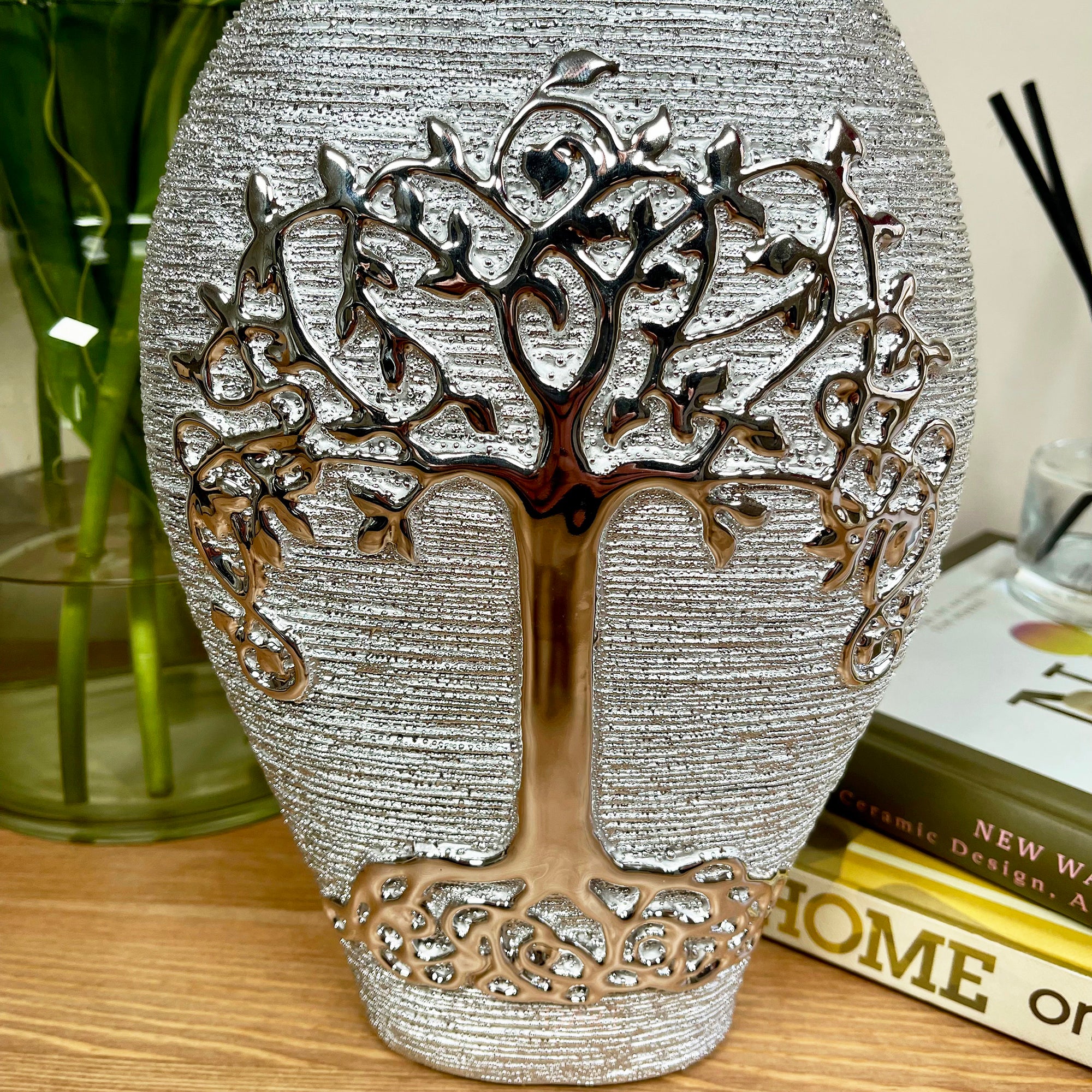 Champagner-silberne Lebensbaum-Vase, 25 cm