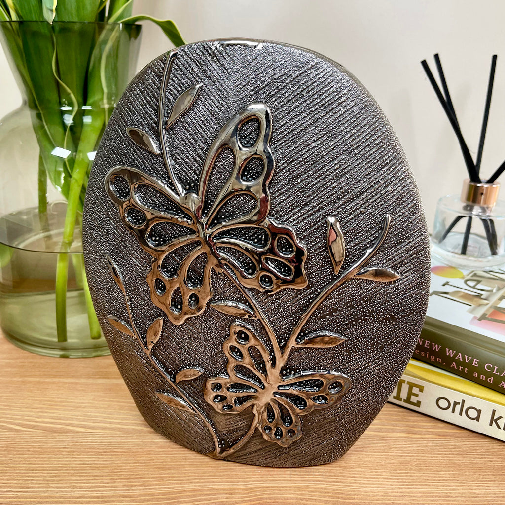 Gun Metal Ceramic Butterfly Vase
