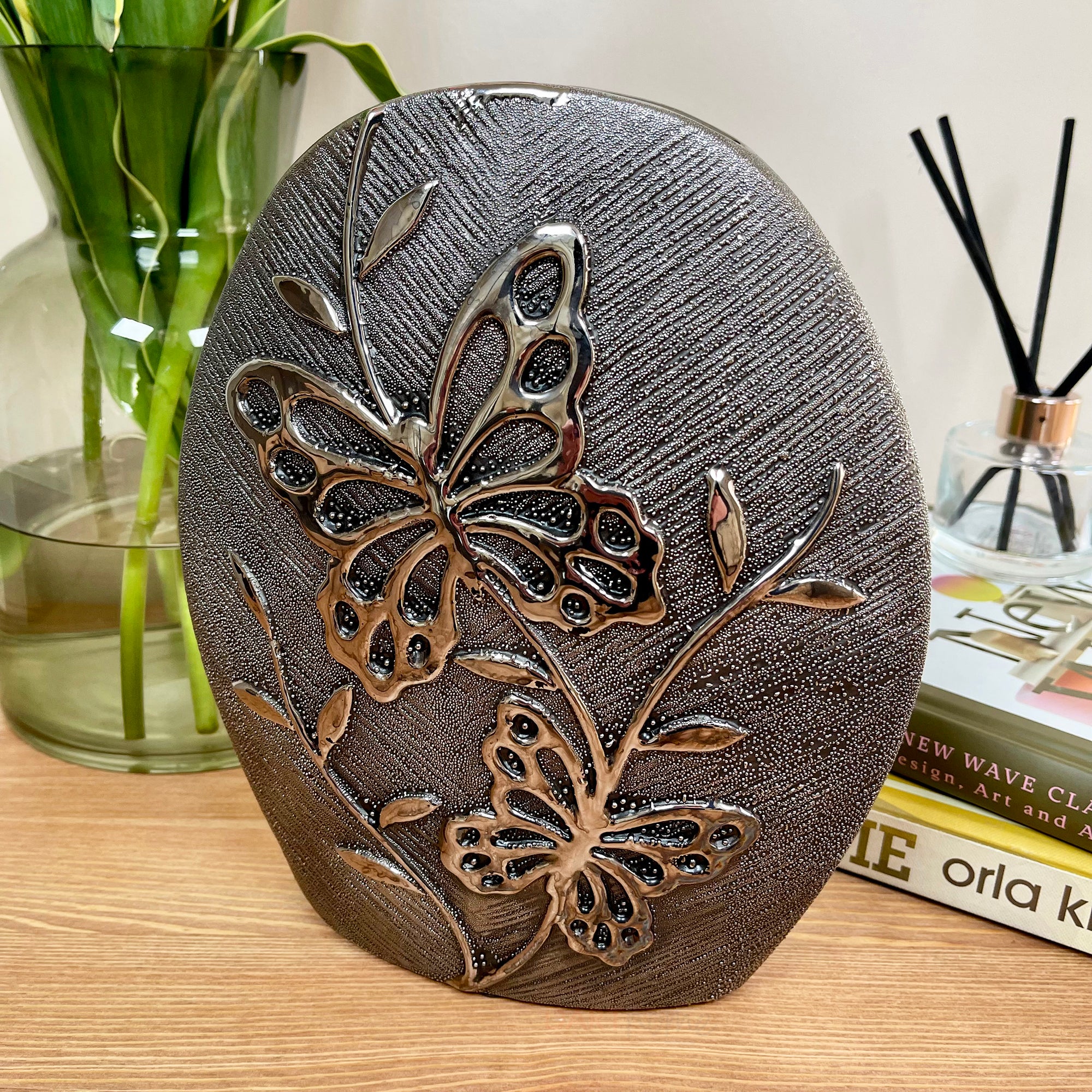 Gun Metal Ceramic Butterfly Vase