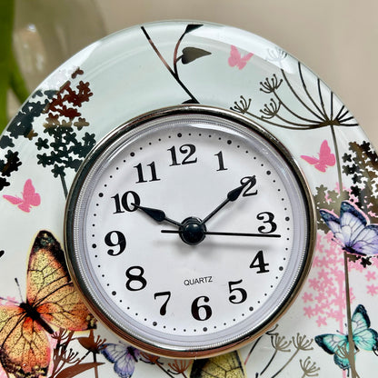 Oval Glass Butterfly Mantel Clock