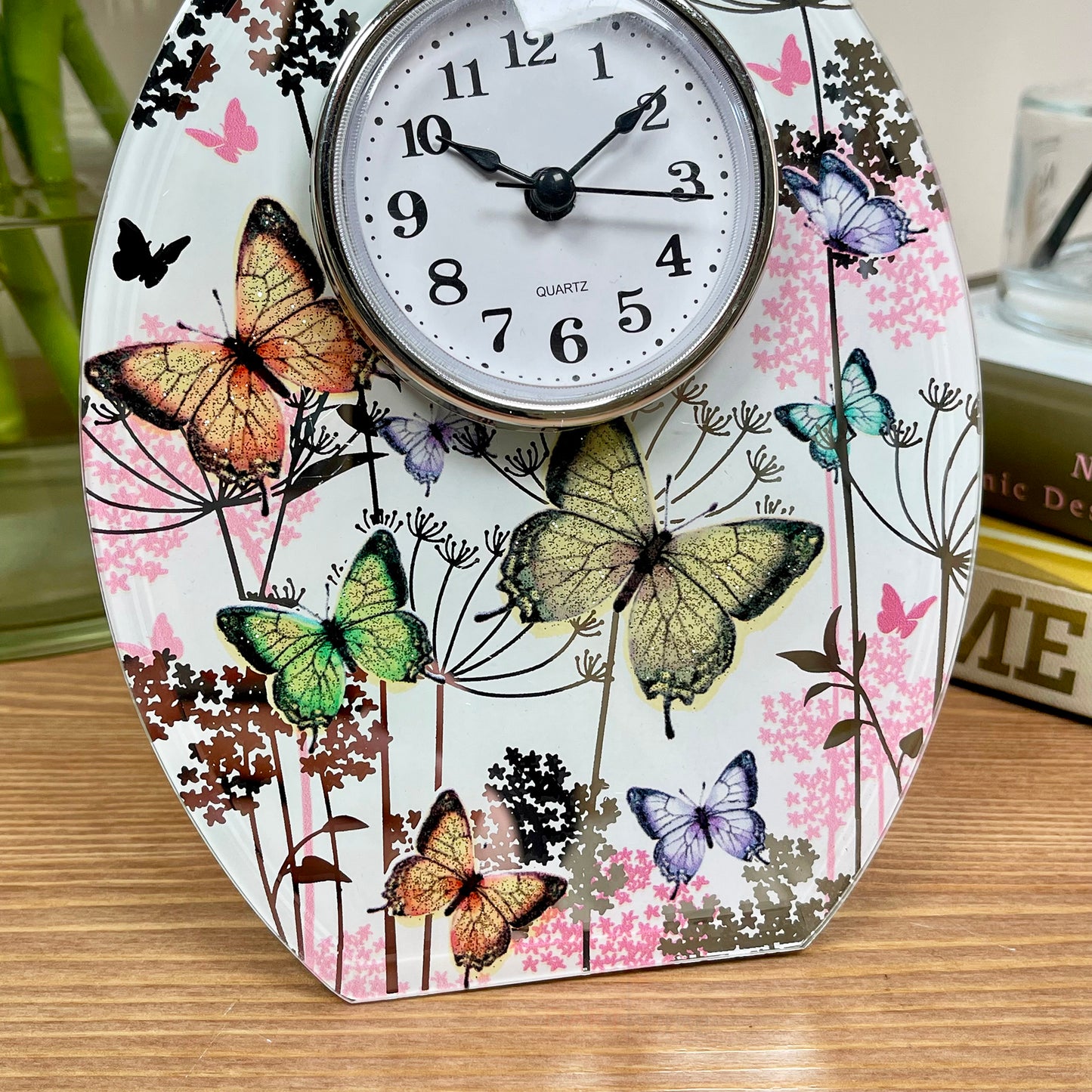 Oval Glass Butterfly Mantel Clock