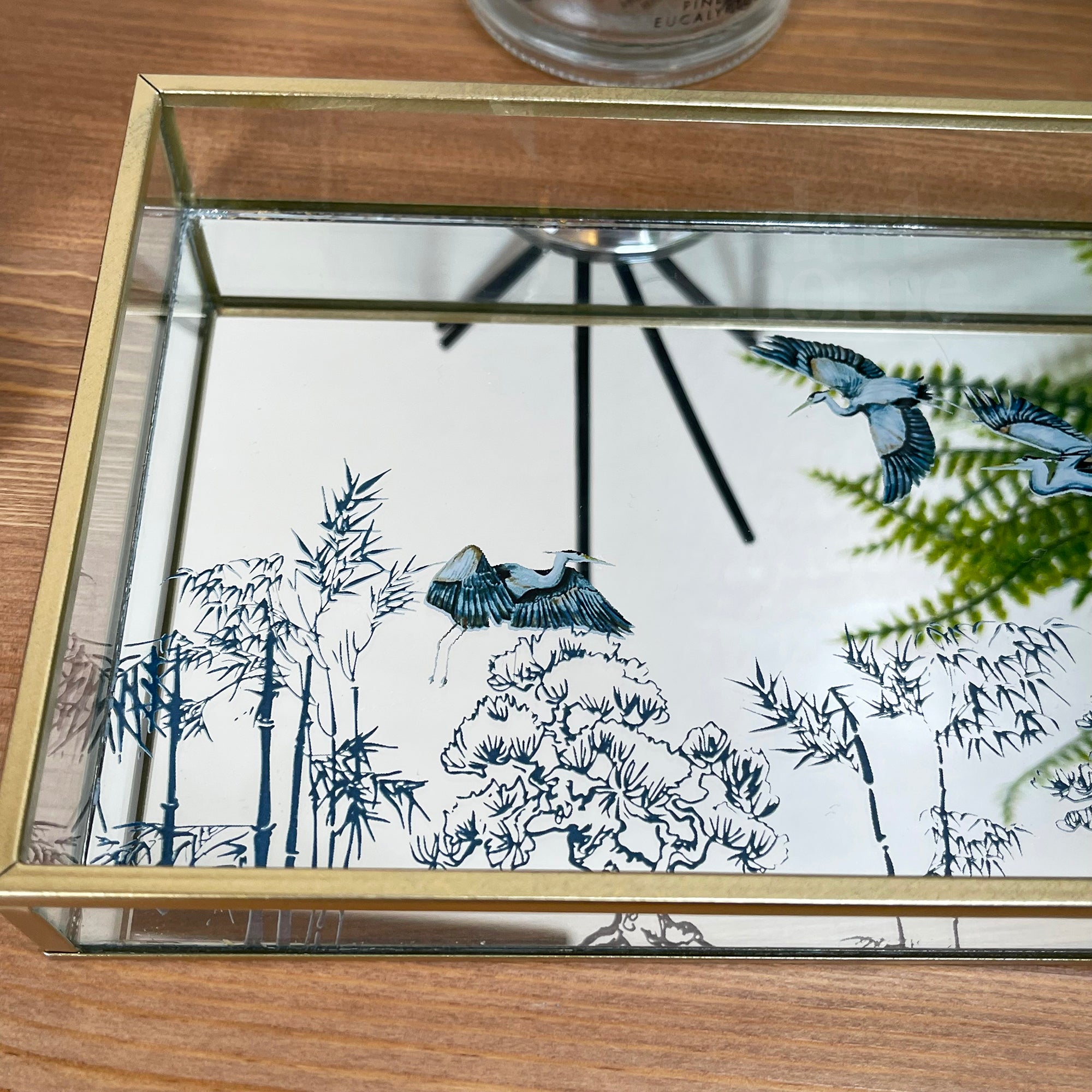 Oriental Heron Glass Gold Mirror Tray