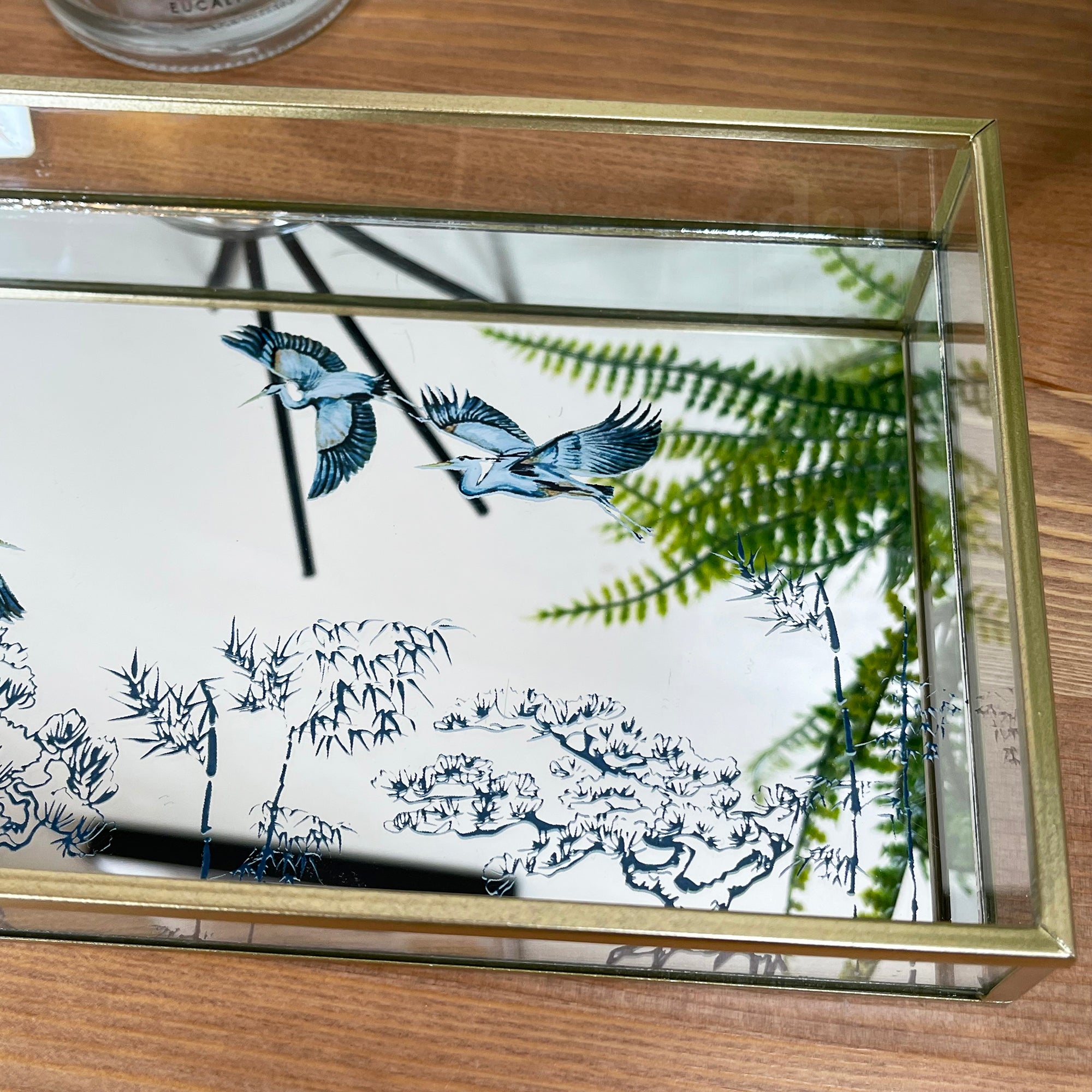 Oriental Heron Glass Gold Mirror Tray