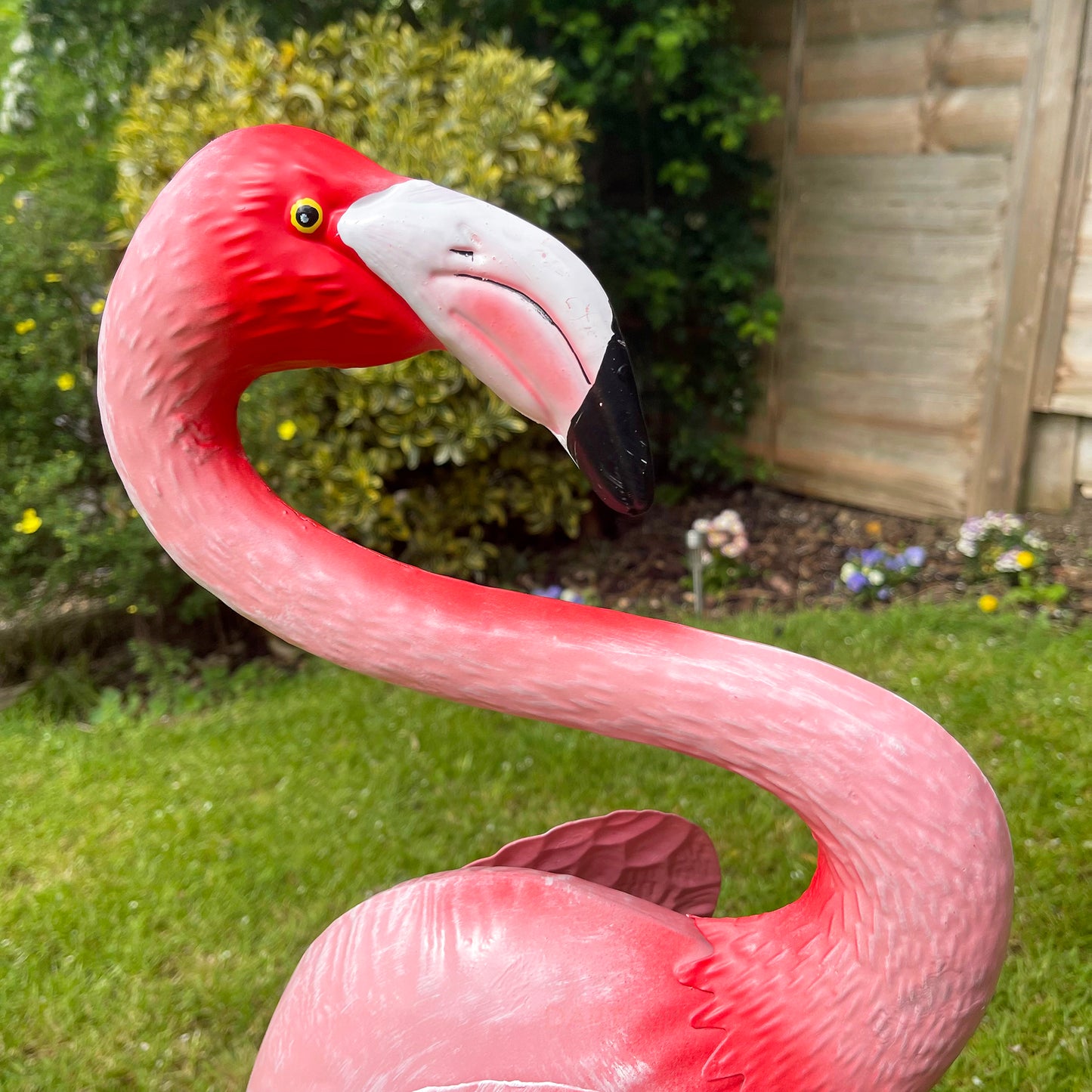 Flamingo-Gartendekoration mit dem Kopf nach oben