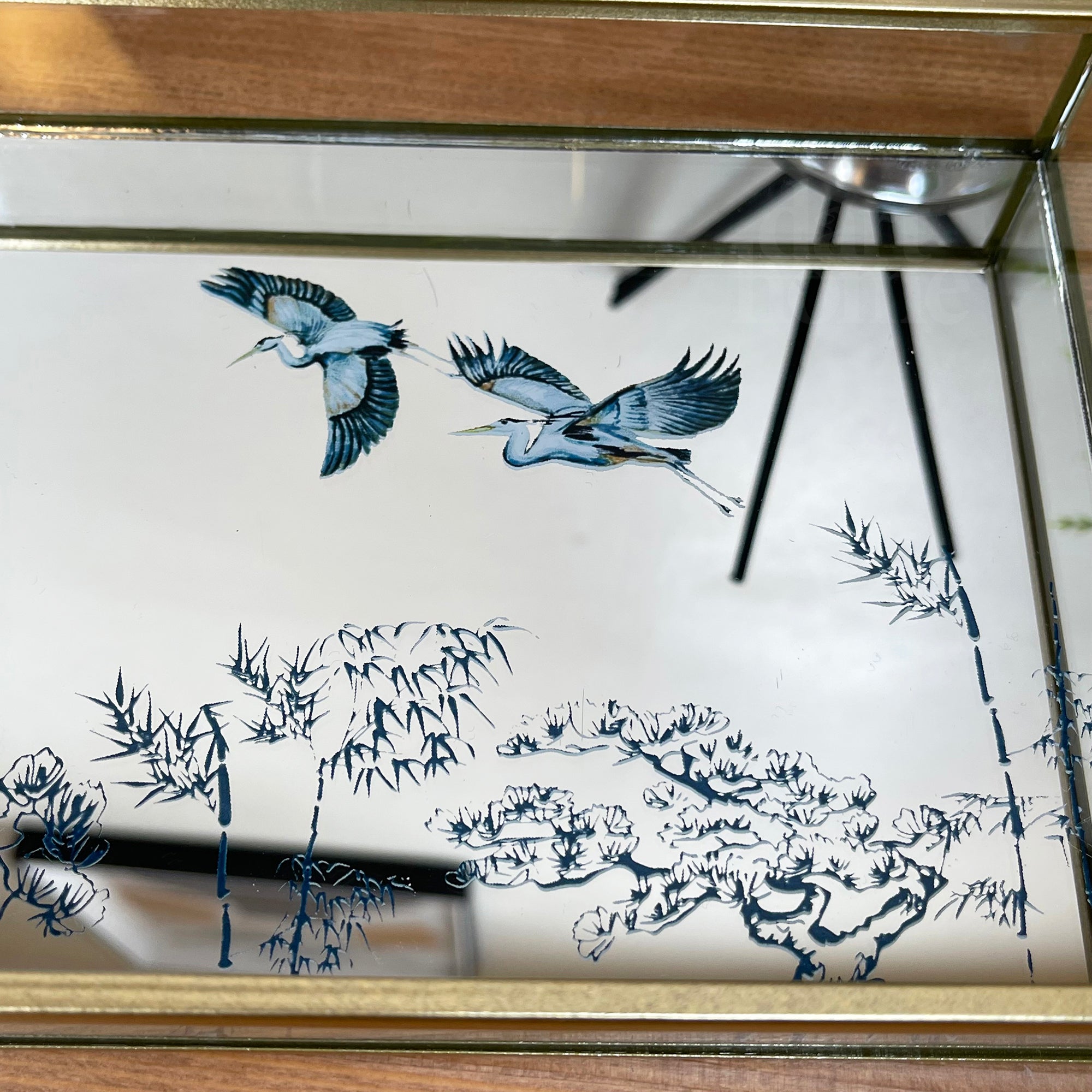 Oriental Heron Glass Gold Mirror Tray