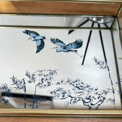 Blue Oriental Heron Glass Mirrored Tray