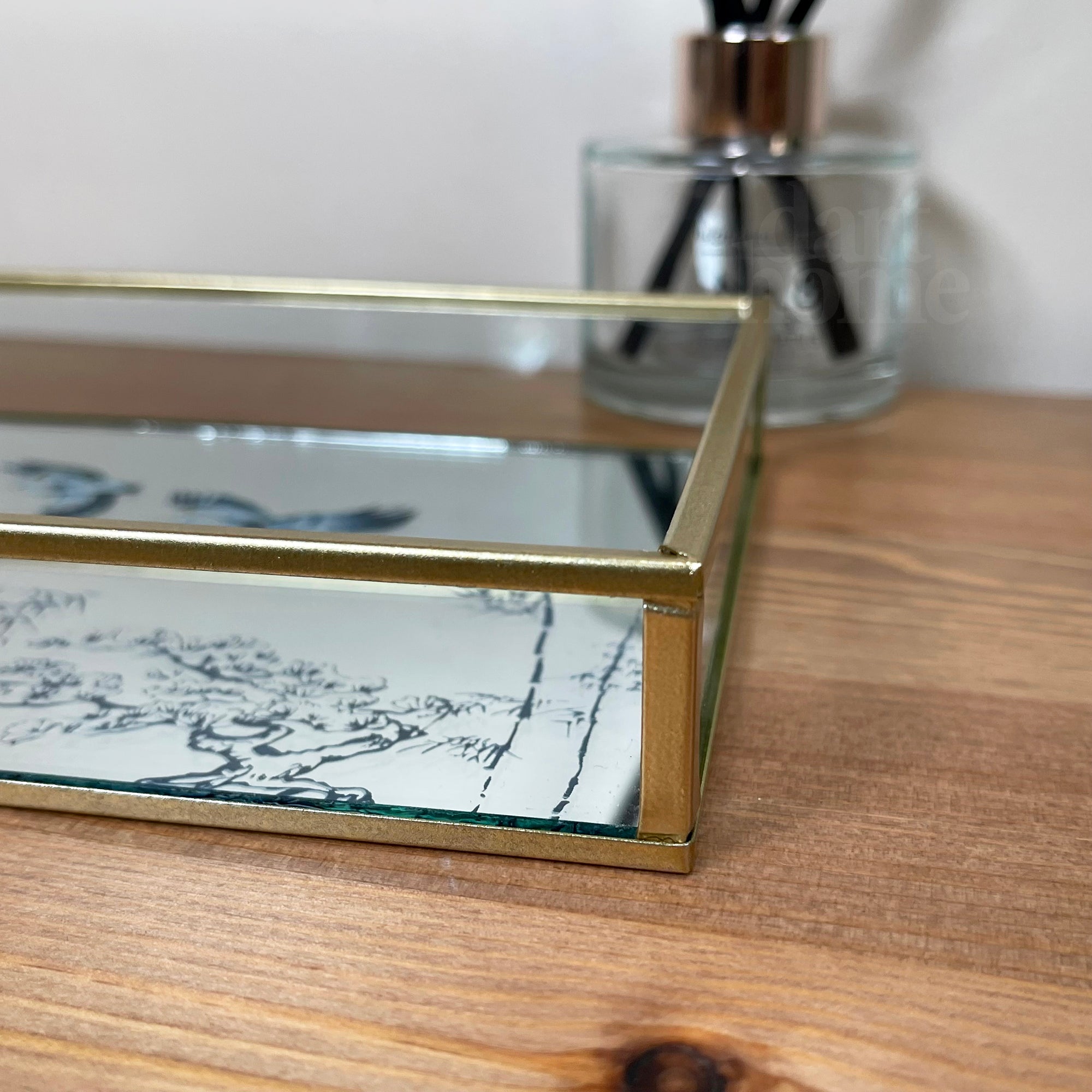 Oriental Heron Glass Gold Mirror Tray