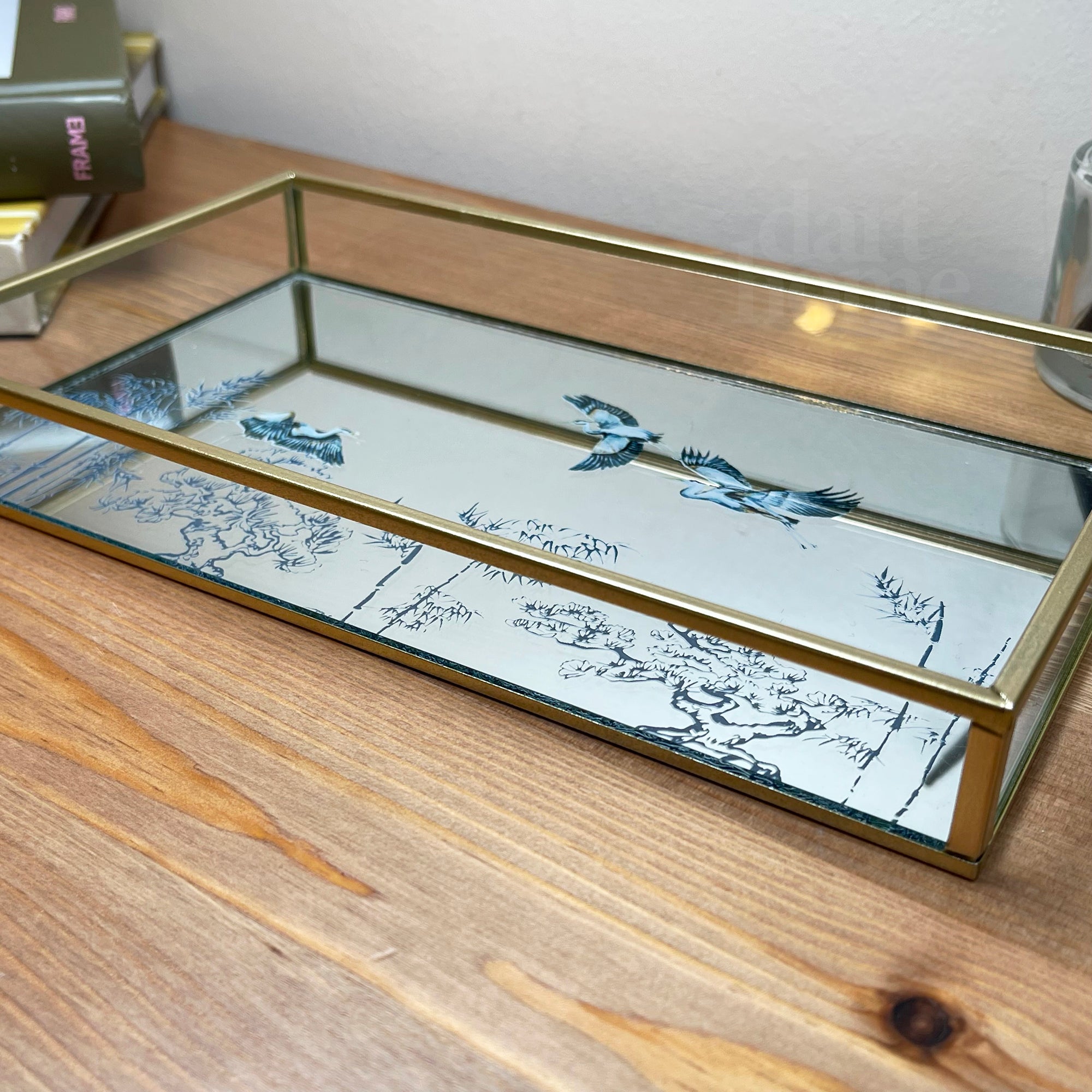 Oriental Heron Glass Gold Mirror Tray