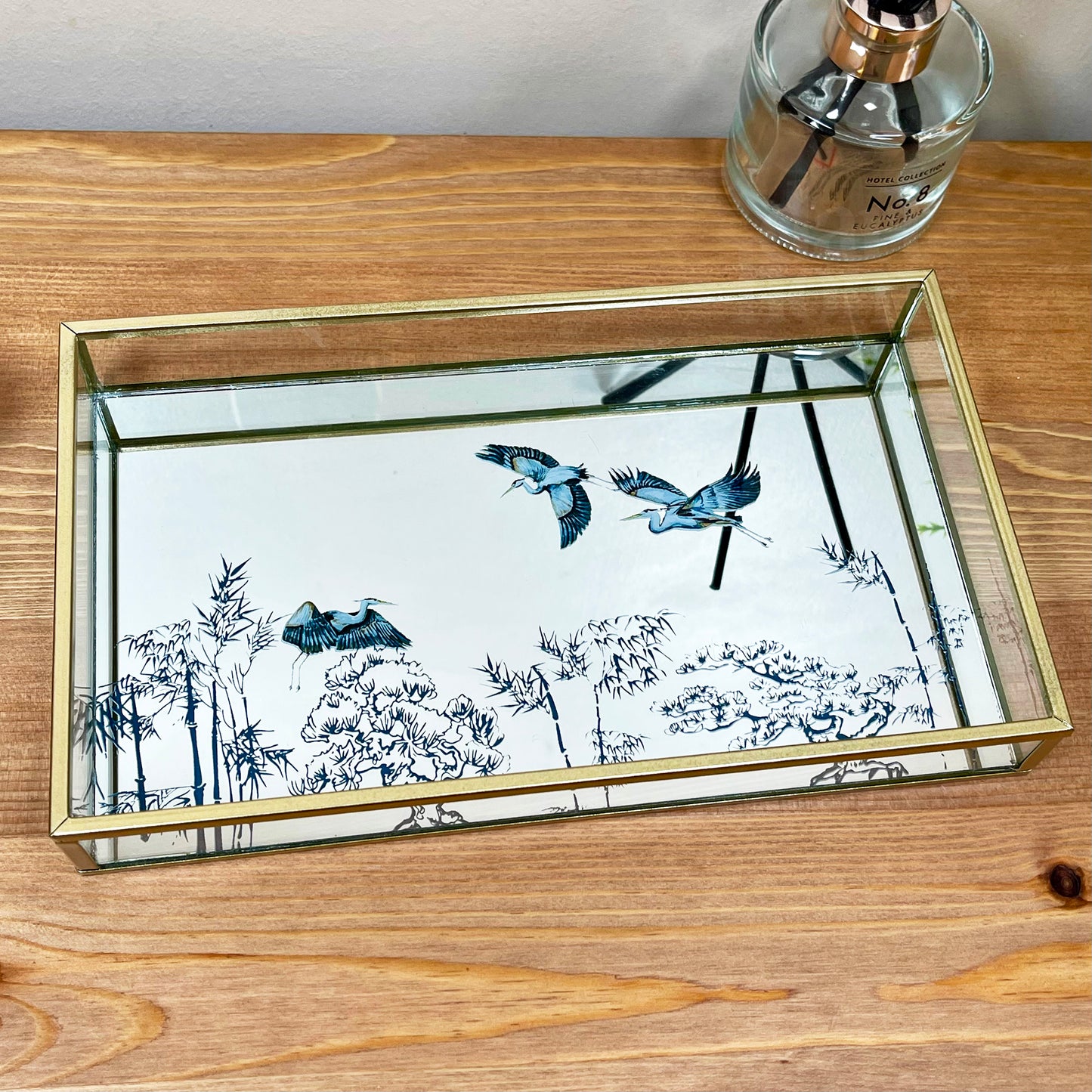 Blue Oriental Heron Glass Mirrored Tray