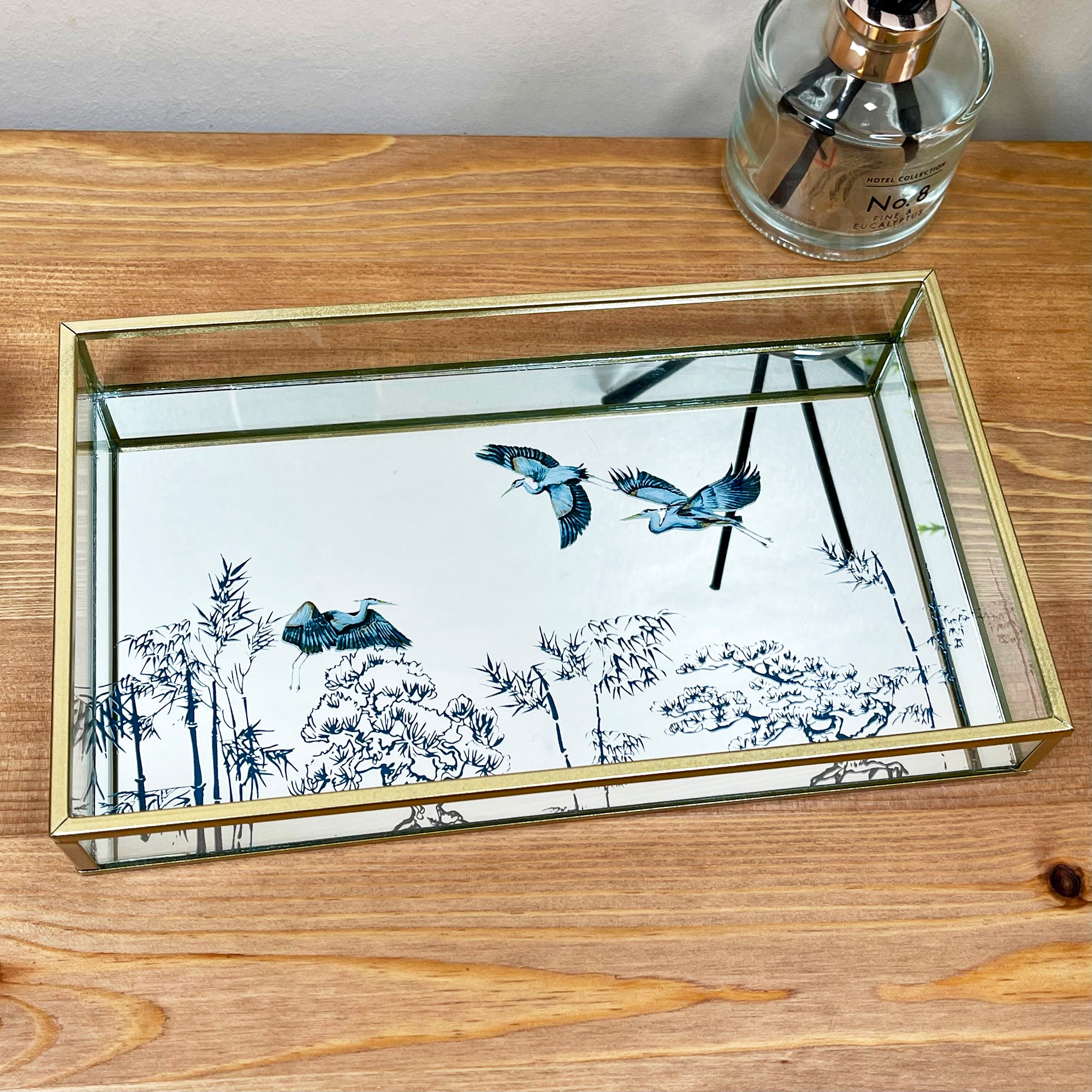 Oriental Heron Glass Gold Mirror Tray