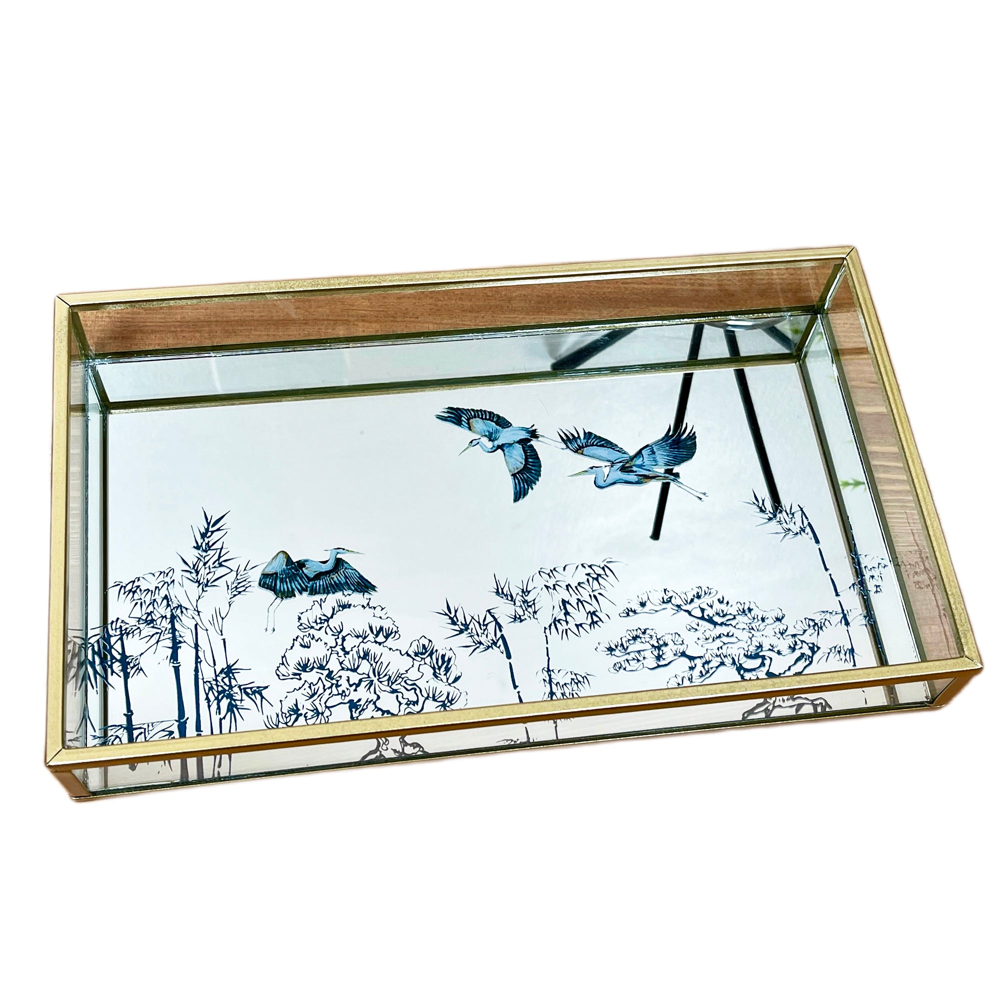 Oriental Heron Glass Gold Mirror Tray