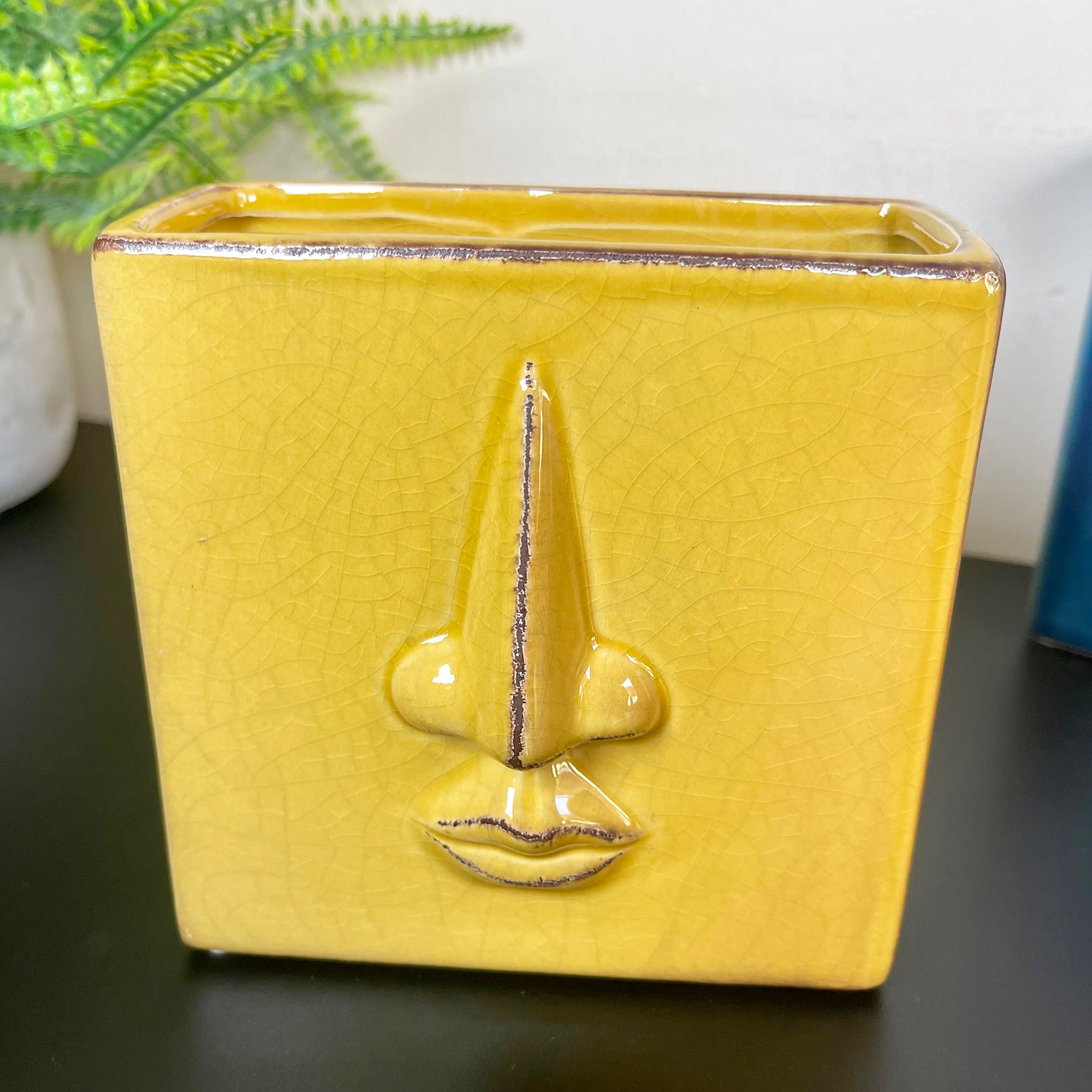 Mustard Yellow Crackle Abstract Face Vase