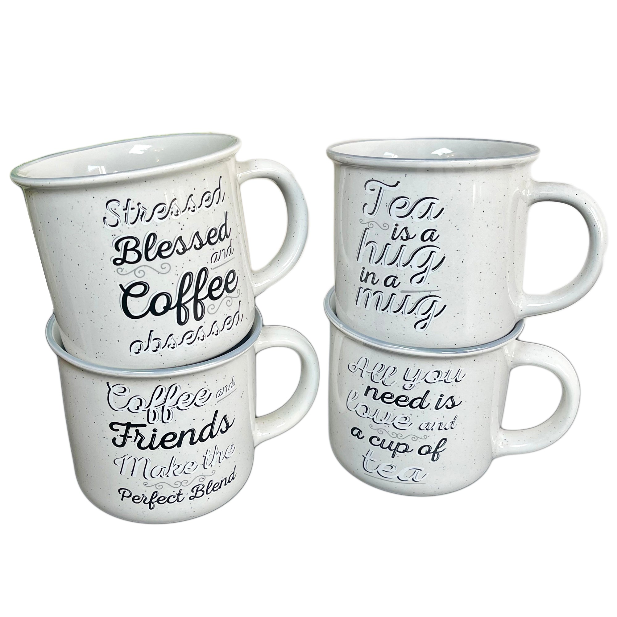 Gesprenkeltes Tassen-Set mit Slogan-Schriftzug, 400 ml