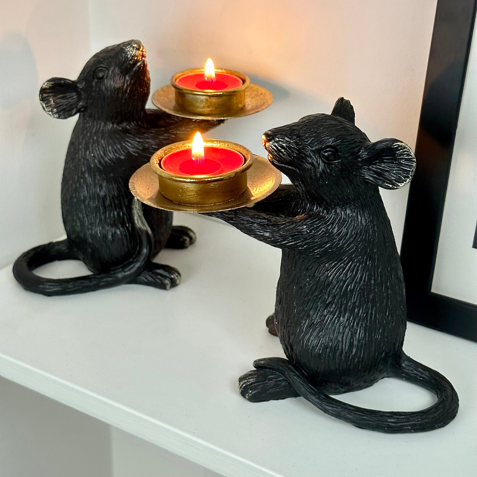 Schwarz-goldenes Maus-Kerzenhalter-Paar