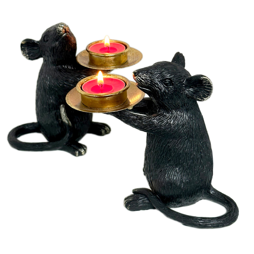 Schwarz-goldenes Maus-Kerzenhalter-Paar