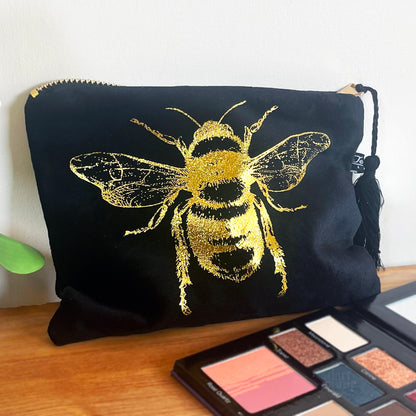 Gold Queen Bee Black Make Up Bag