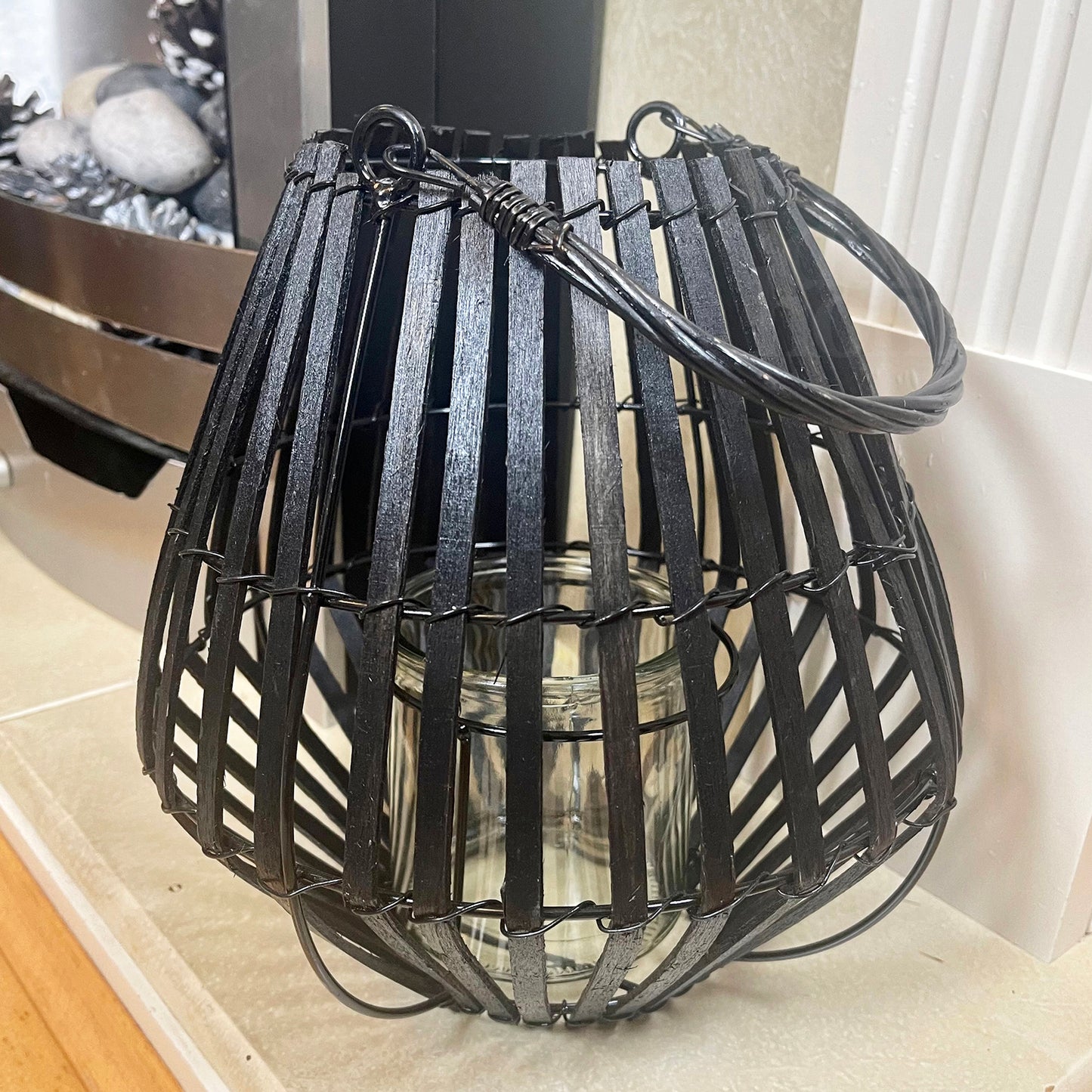 Matt Black Slatted Candle Lantern