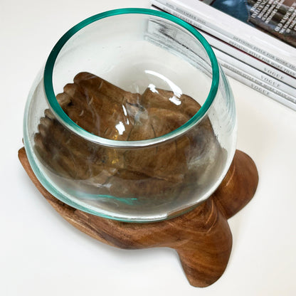 Molten Glass Bowl With Hand Of Hope Teak Wood Stand