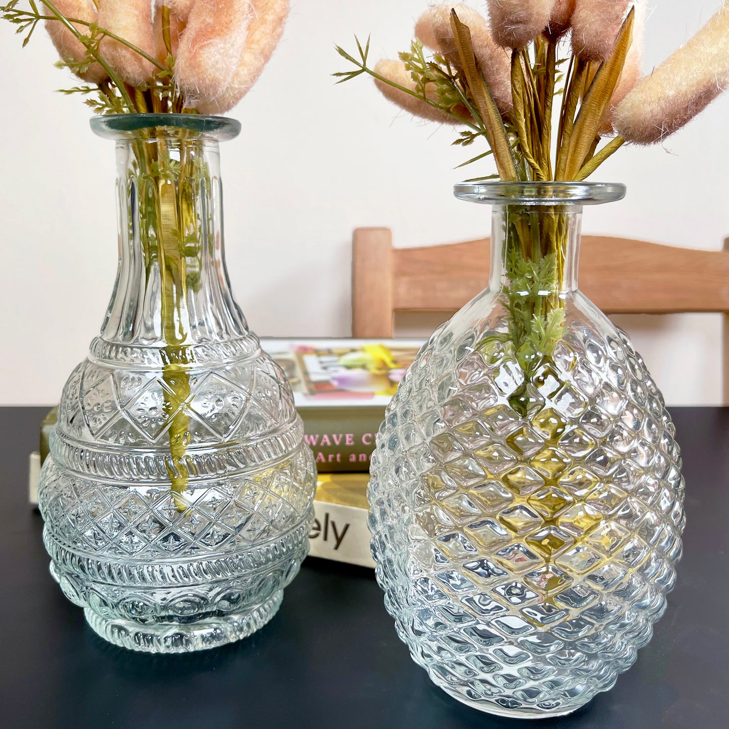 Set Of 2 Large Clear Glass Vases - Round