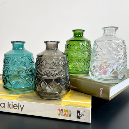 Set Of 4 Coloured Aztec Bottle Vases