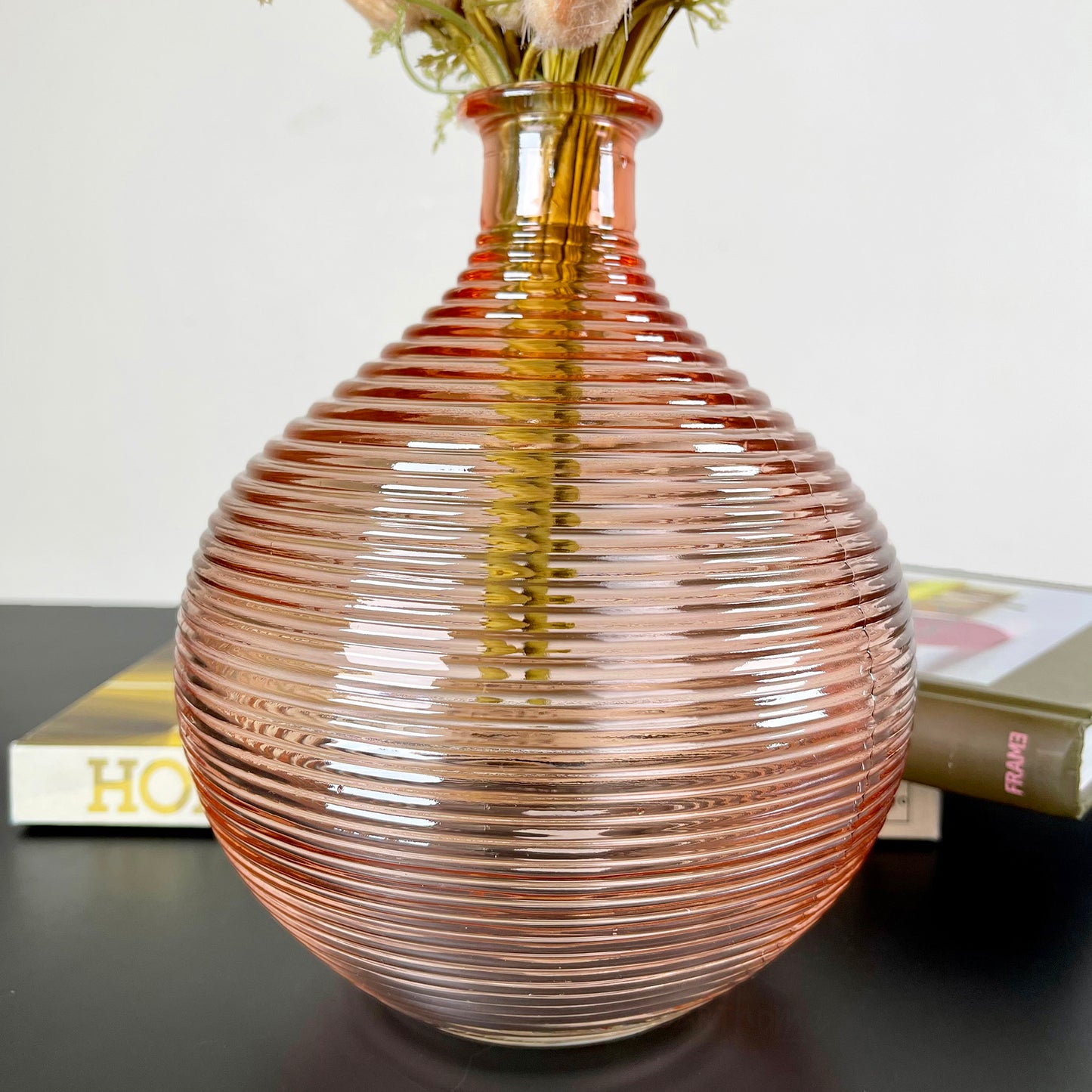 Pink Ribbed Glass Bottle Vase