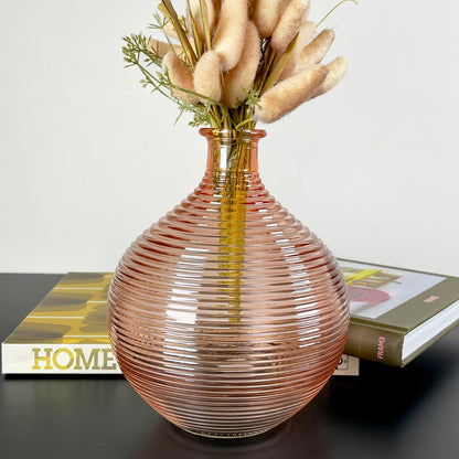 Pink Ribbed Glass Bottle Vase