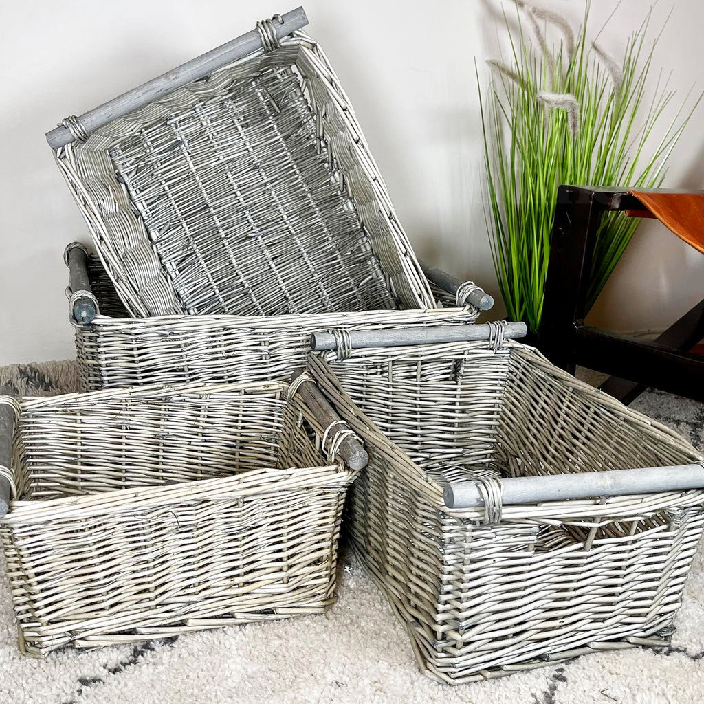 Antique Washed Grey Wicker Storage Baskets