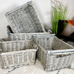 Antique Washed Grey Wicker Storage Baskets