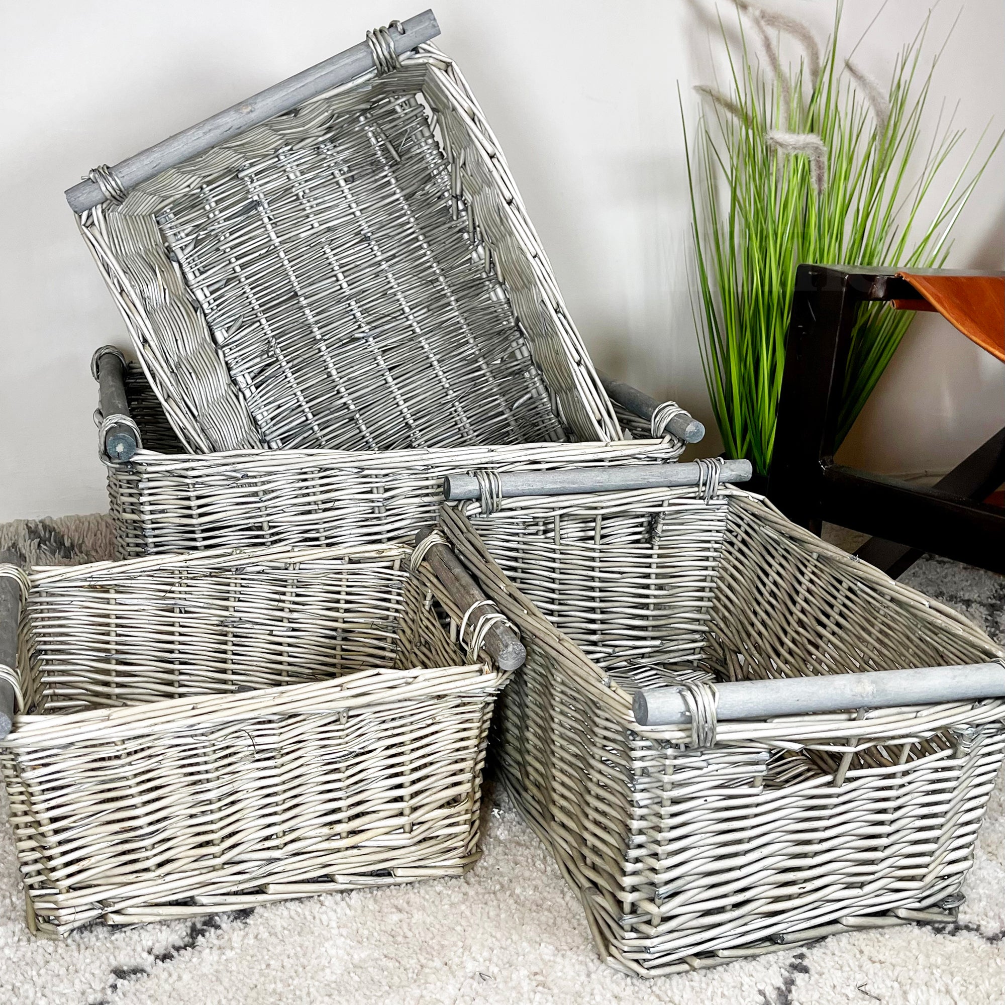 Antique Washed Grey Wicker Storage Baskets