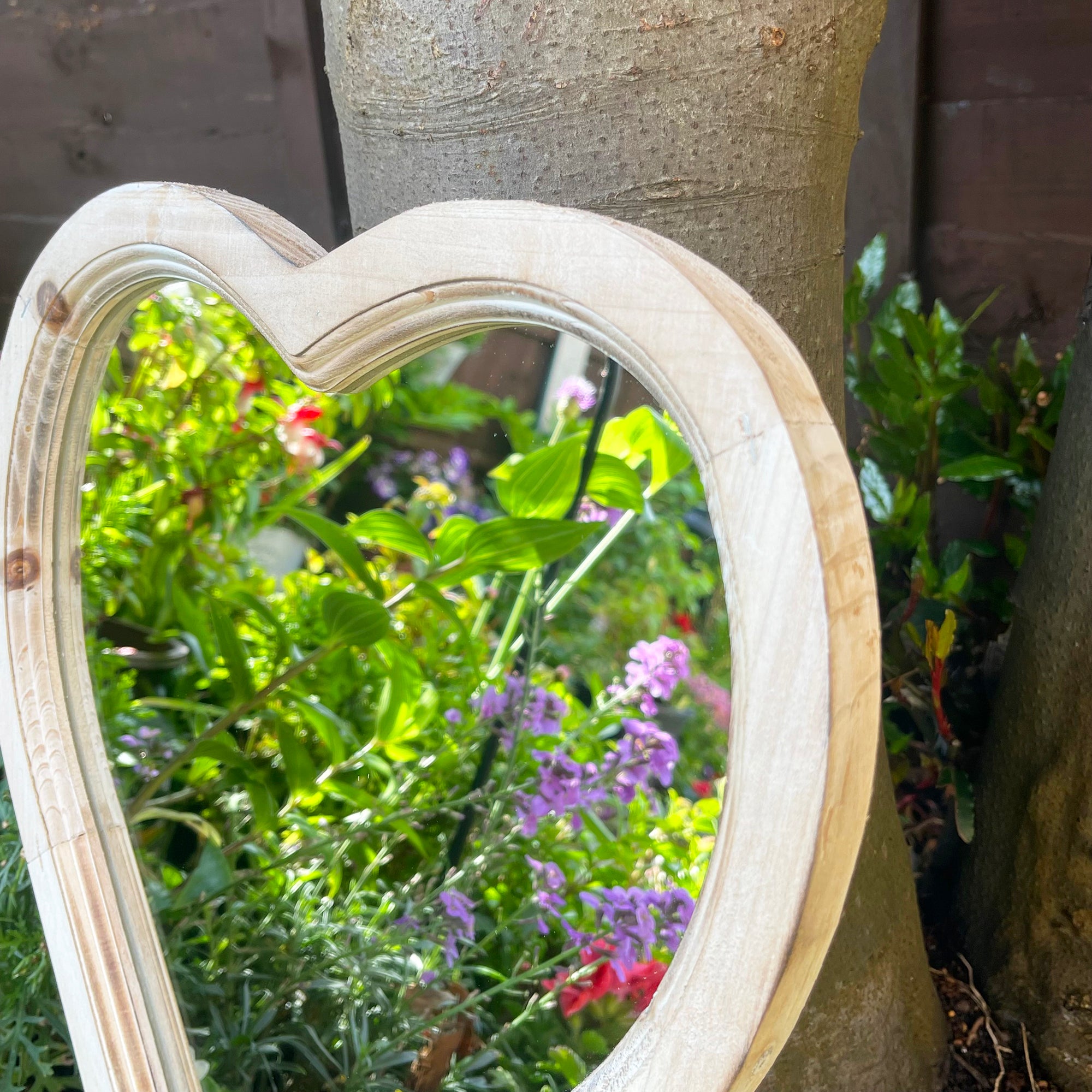 Love Heart Solar Garden Mirror - Backlit Wood Frame