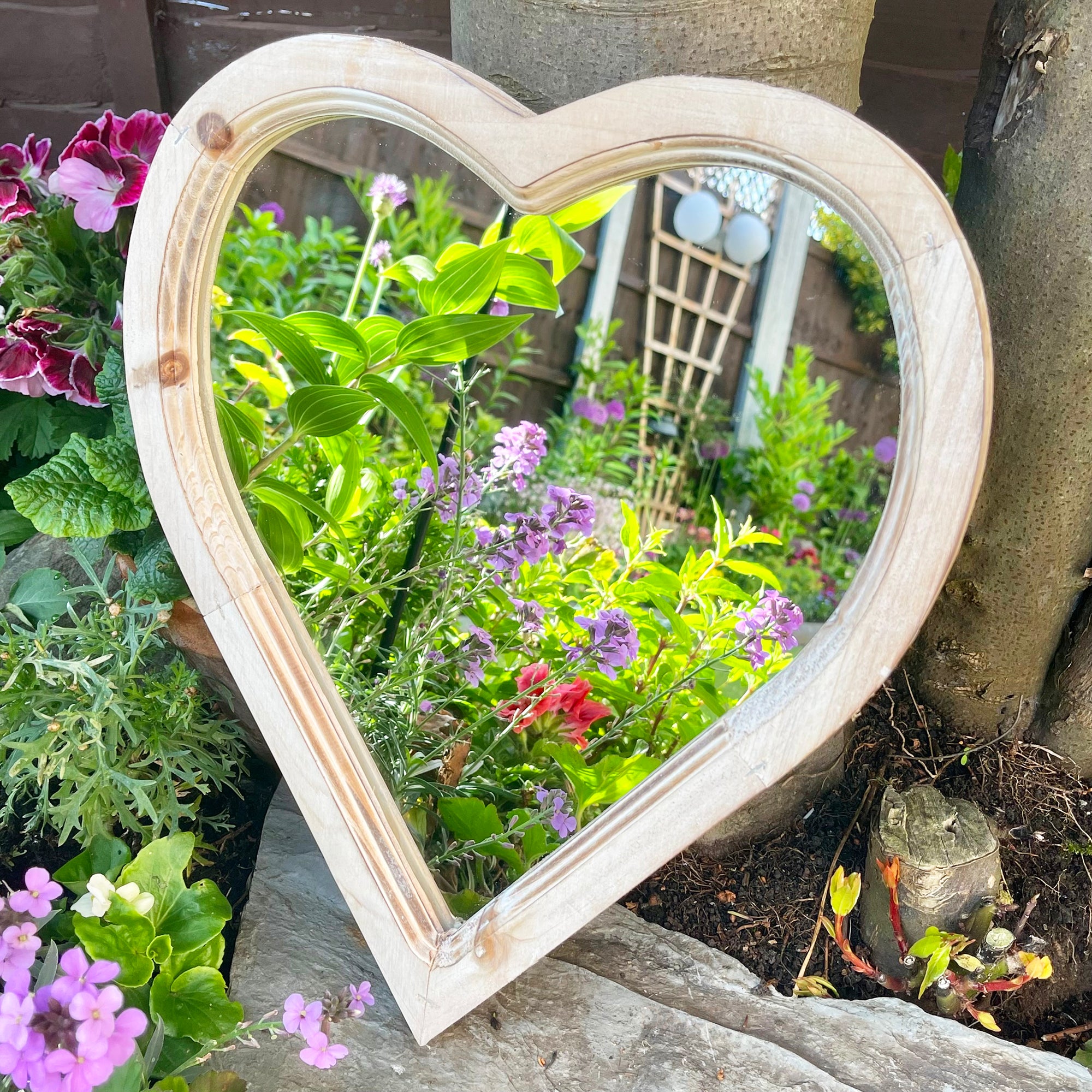 Love Heart Solar Garden Mirror - Backlit Wood Frame