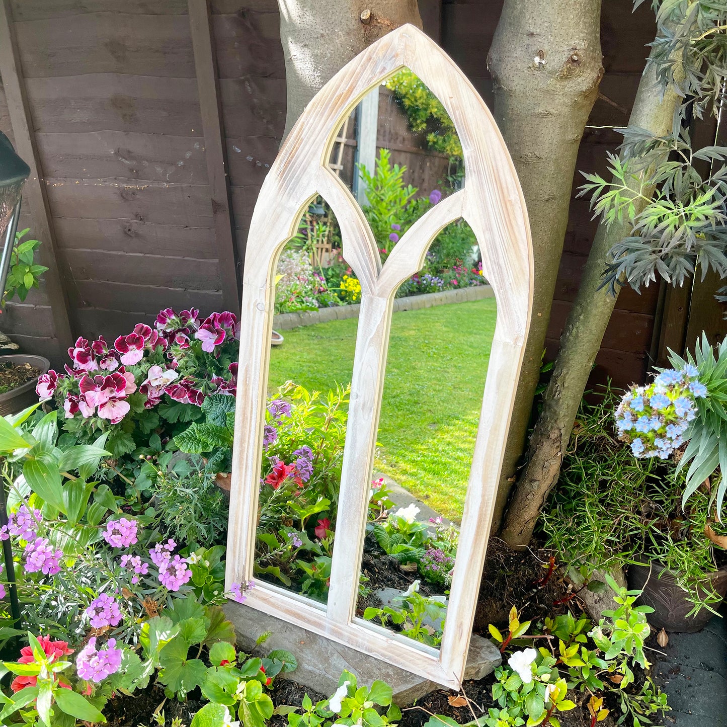 Arched Backlit Solar Garden Mirror - Wood Frame