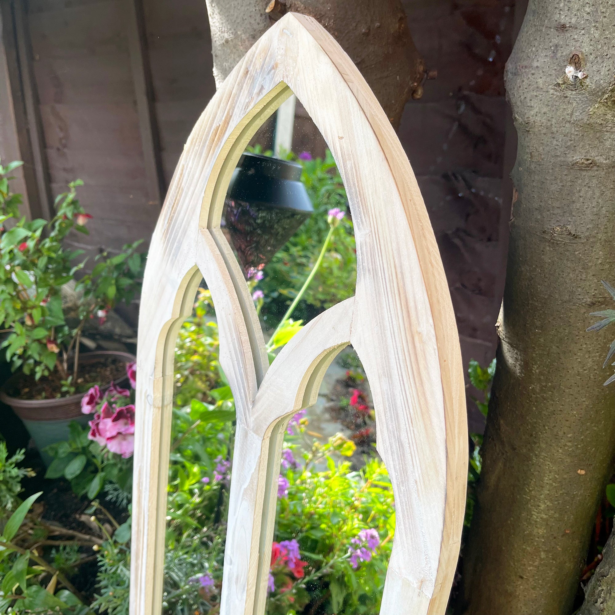Arched Backlit Solar Garden Mirror - Wood Frame
