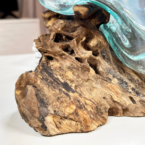 Molten Glass Jar Teak Root Stand With Lid