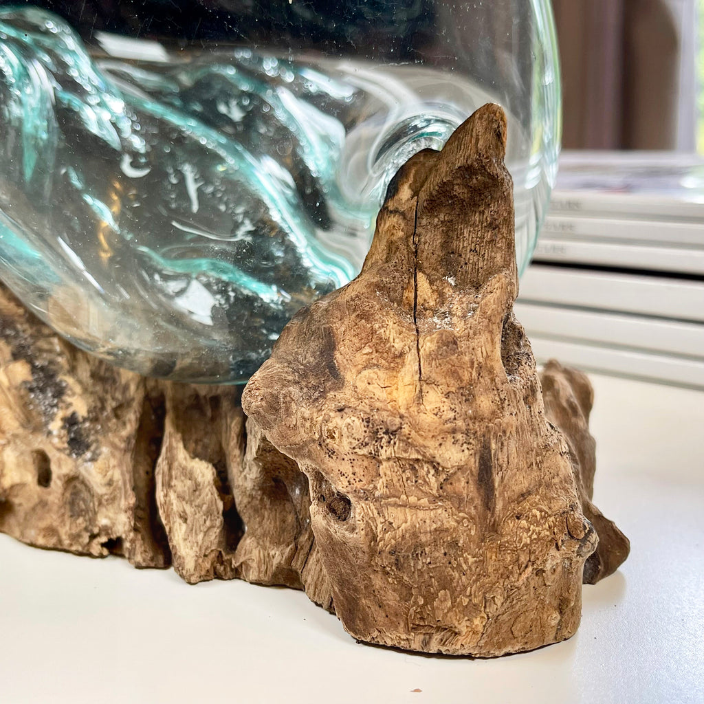 Molten Glass Jar Teak Root Stand With Lid