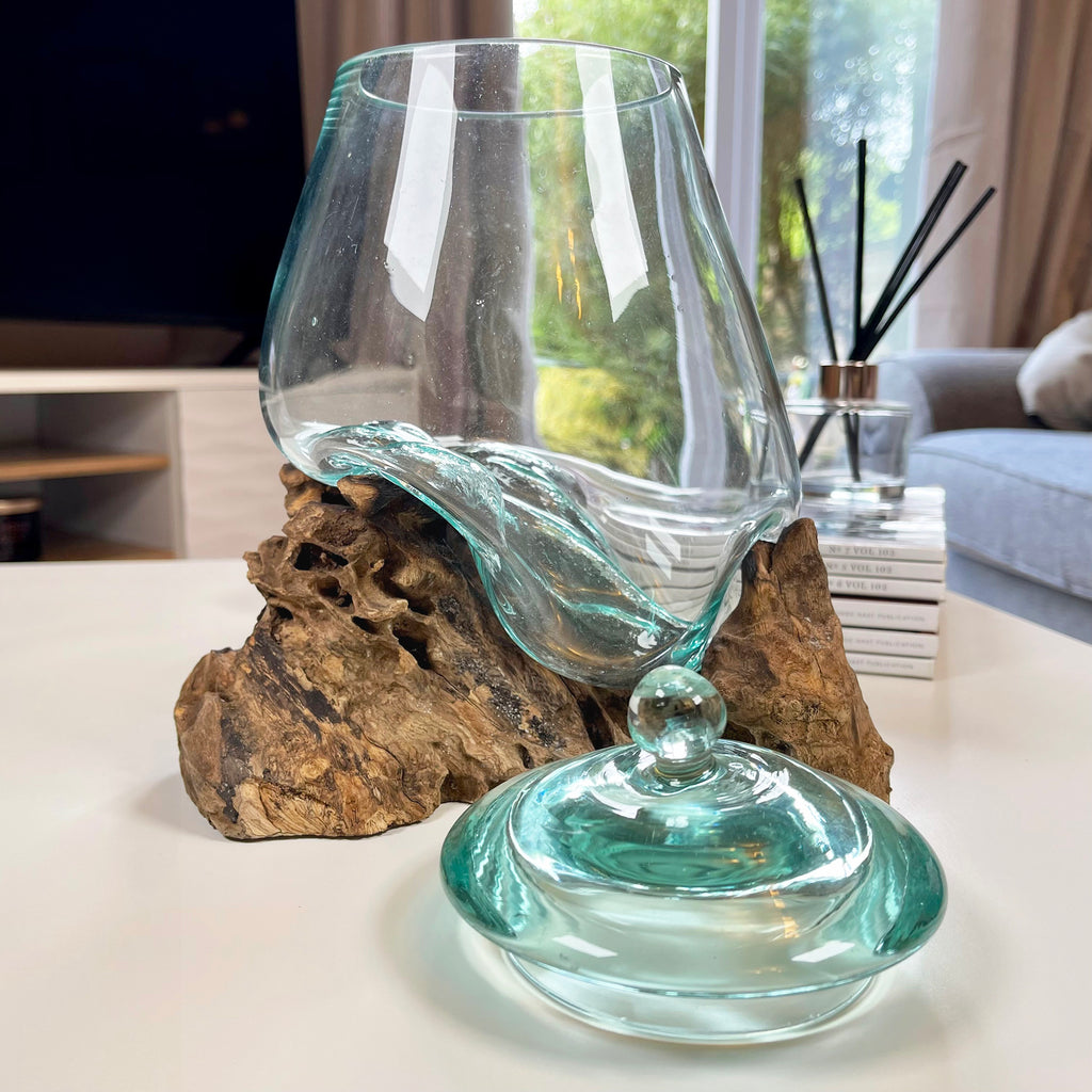 Molten Glass Jar Teak Root Stand With Lid
