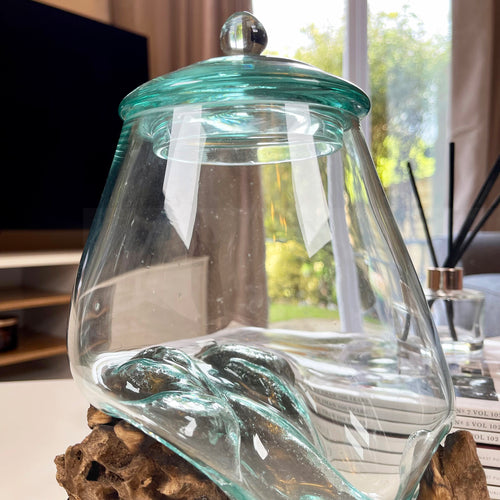 Molten Glass Lidded Jar On Teak Root Stand