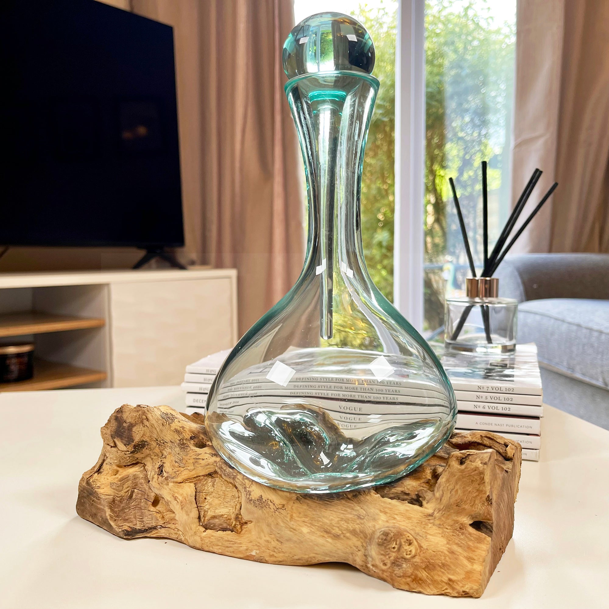 Molten Glass Decanter Teak Root Stand