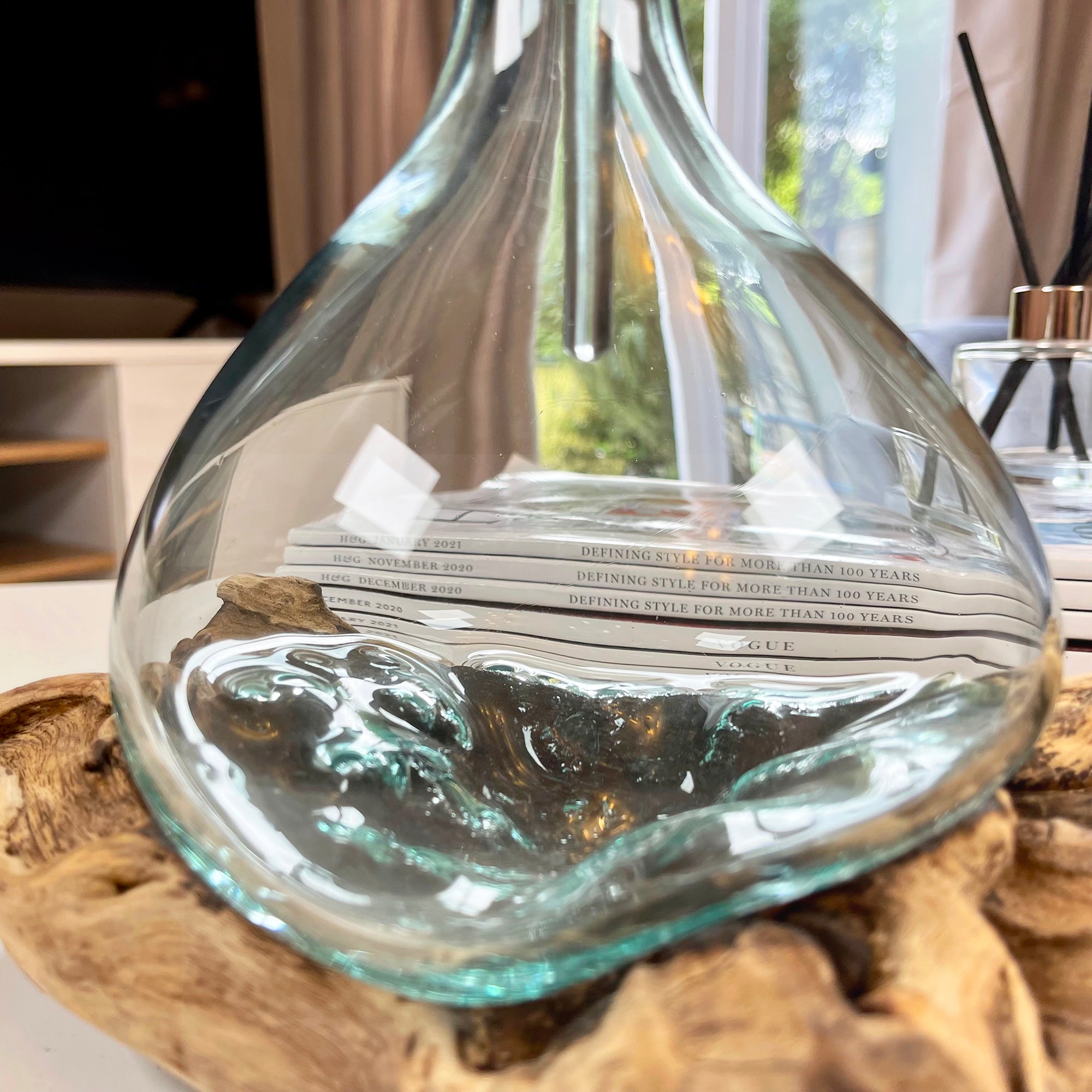 Molten Glass Decanter Teak Root Stand