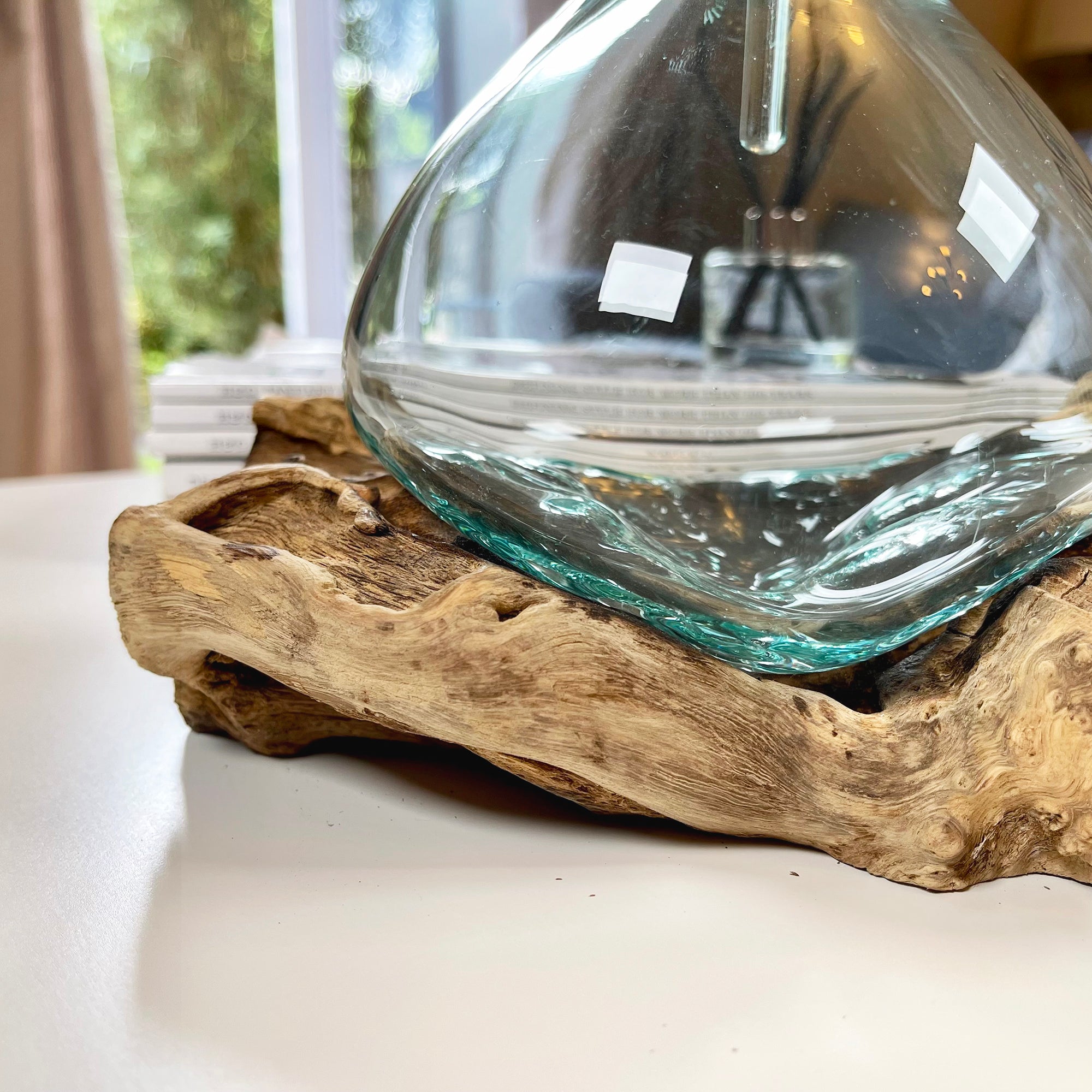Molten Glass Decanter Teak Root Stand