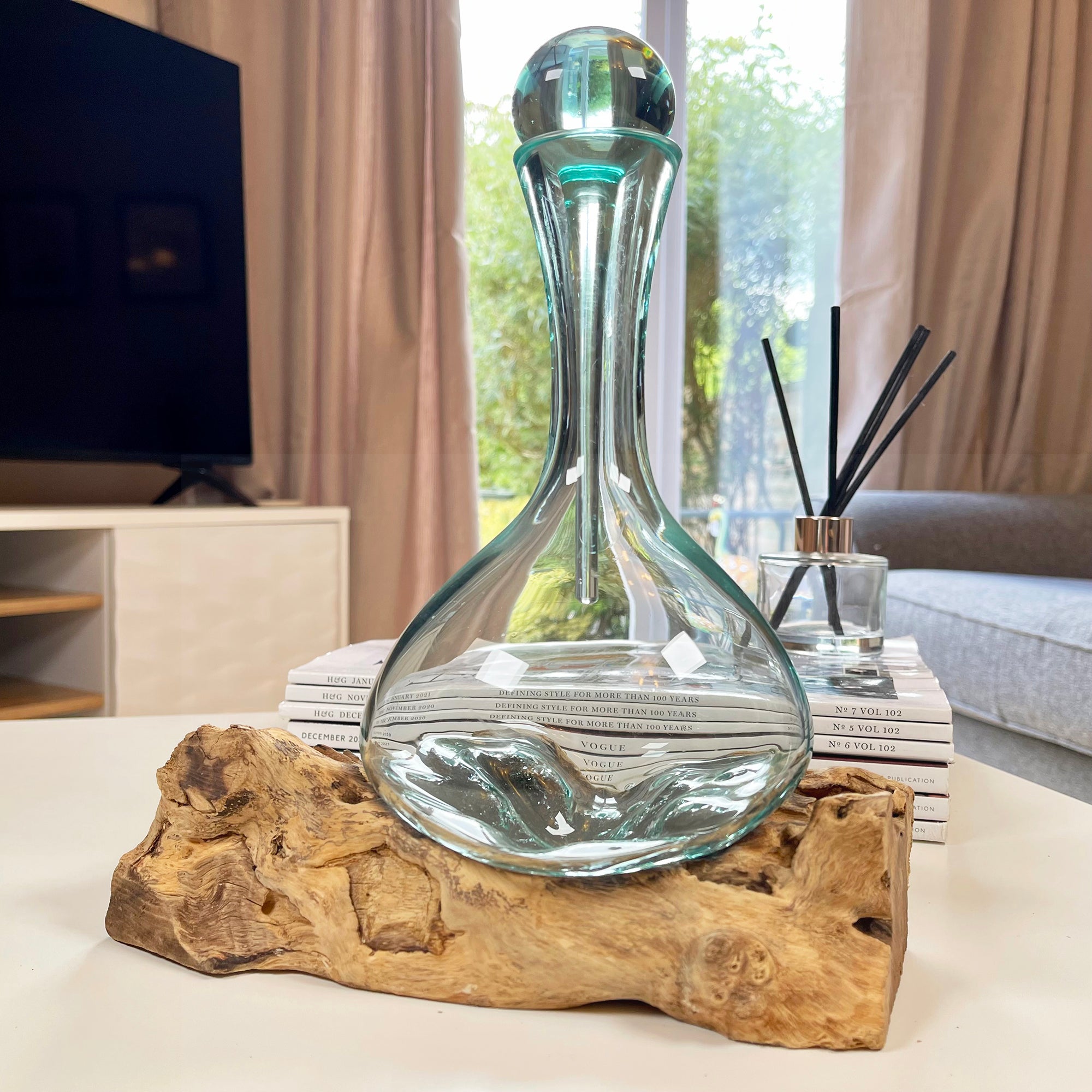 Molten Glass Decanter Teak Root Stand