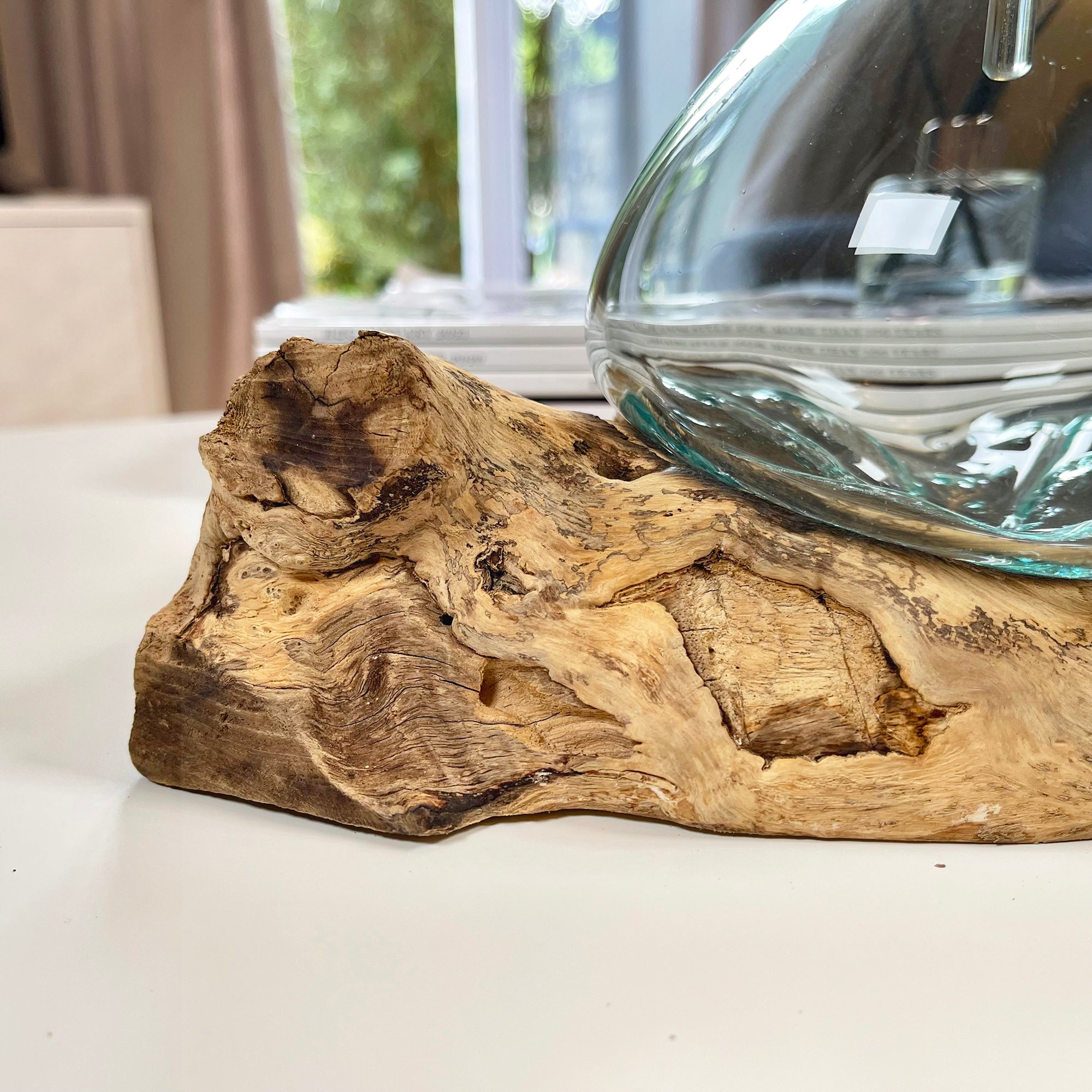Molten Glass Decanter Teak Root Stand